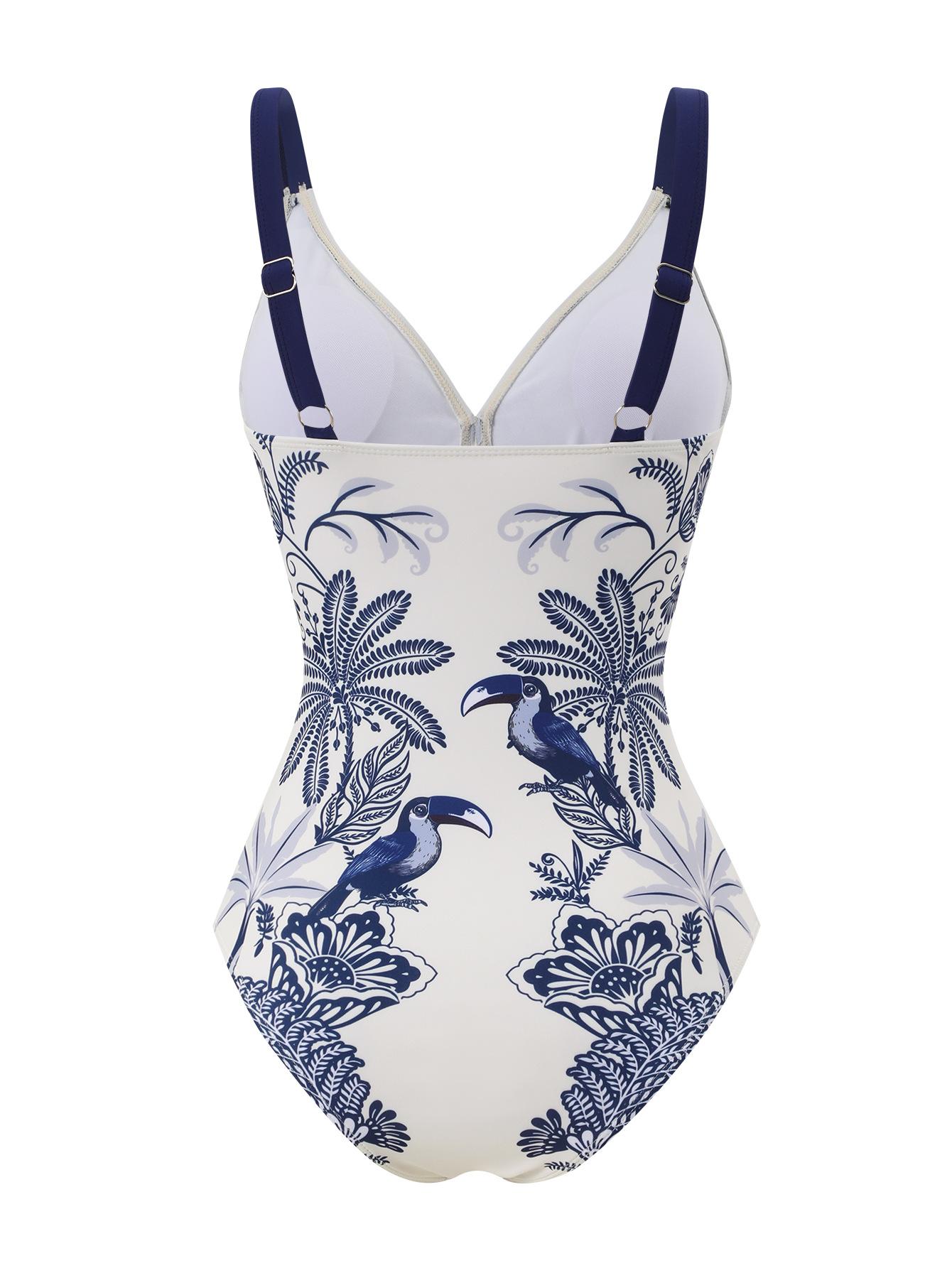 (image for) Women Blue White Parrot Palm Tropical Print One Piece Swimsuit with Matching Board Shorts 2 Piece Modest High End Hot Spring Beach Swimwear Set