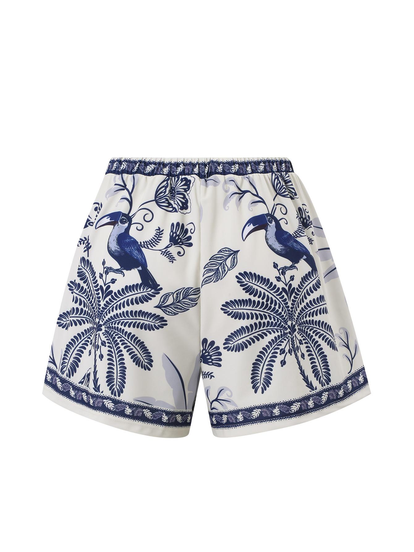 (image for) Women Blue White Parrot Palm Tropical Print One Piece Swimsuit with Matching Board Shorts 2 Piece Modest High End Hot Spring Beach Swimwear Set