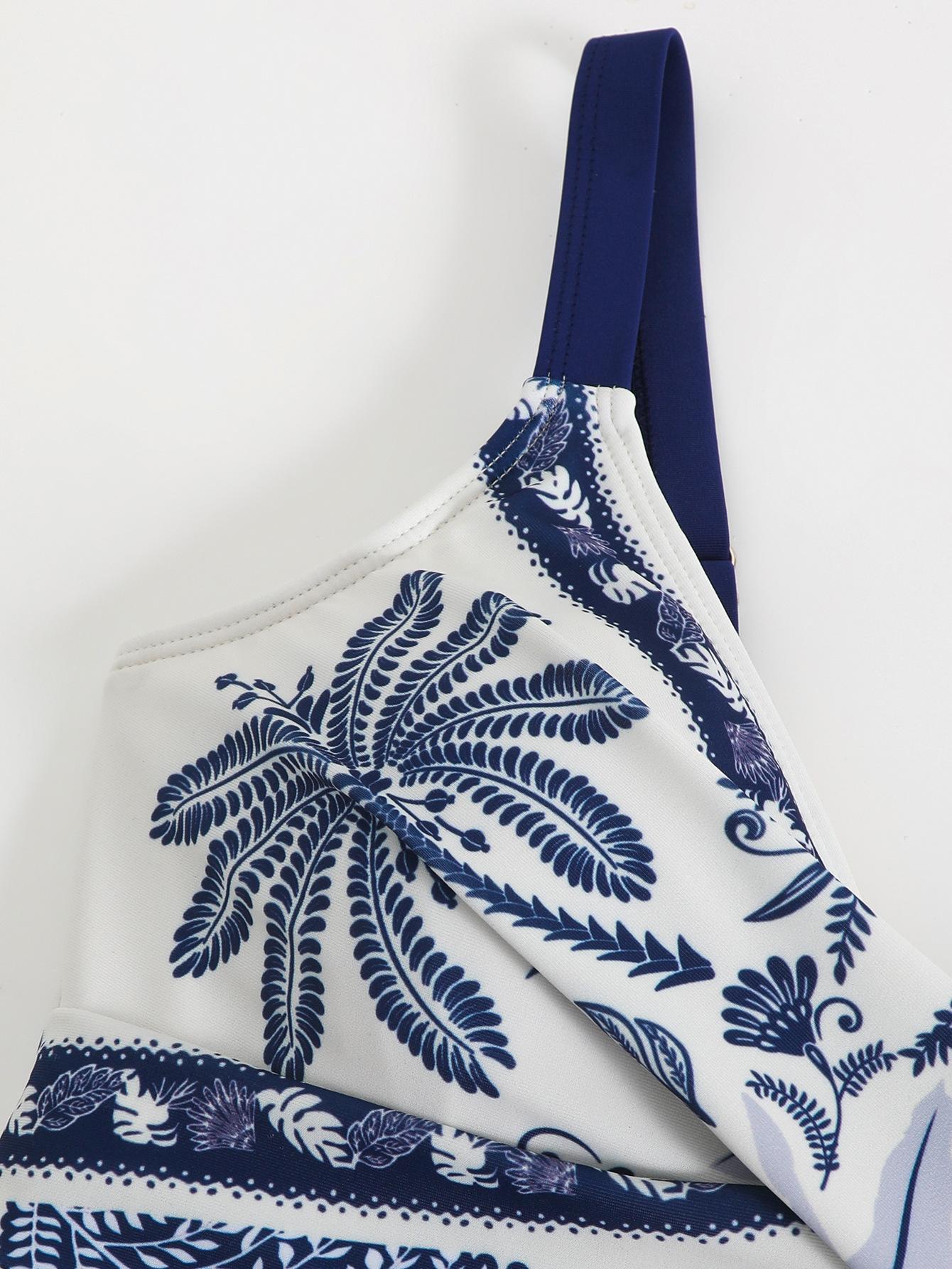 (image for) Women Blue White Parrot Palm Tropical Print One Piece Swimsuit with Matching Board Shorts 2 Piece Modest High End Hot Spring Beach Swimwear Set