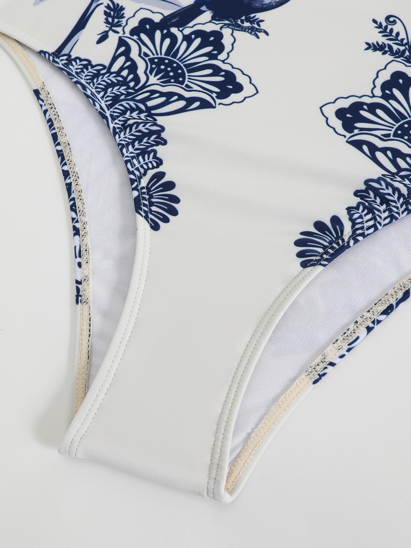 (image for) Women Blue White Parrot Palm Tropical Print One Piece Swimsuit with Matching Board Shorts 2 Piece Modest High End Hot Spring Beach Swimwear Set