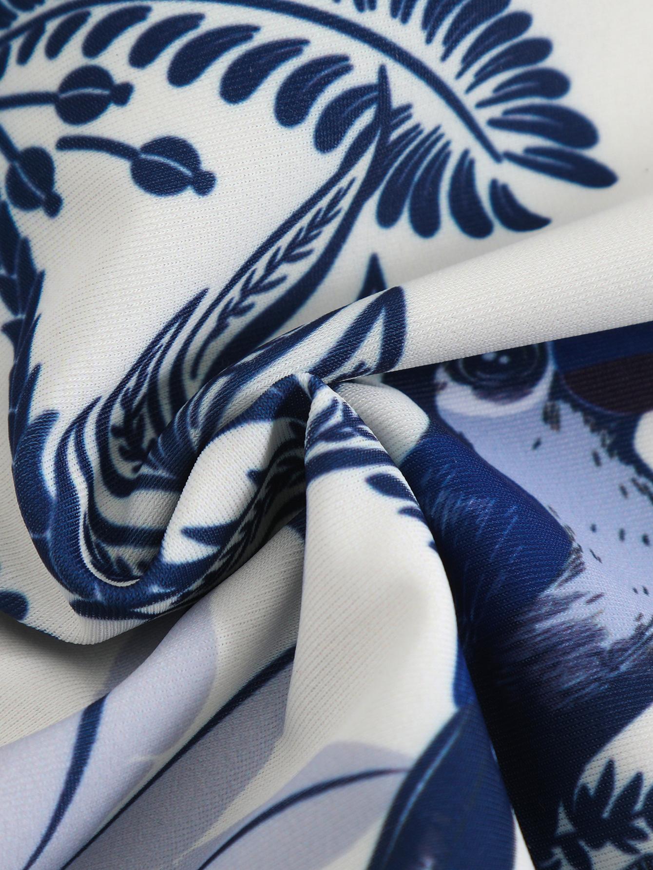 (image for) Women Blue White Parrot Palm Tropical Print One Piece Swimsuit with Matching Board Shorts 2 Piece Modest High End Hot Spring Beach Swimwear Set