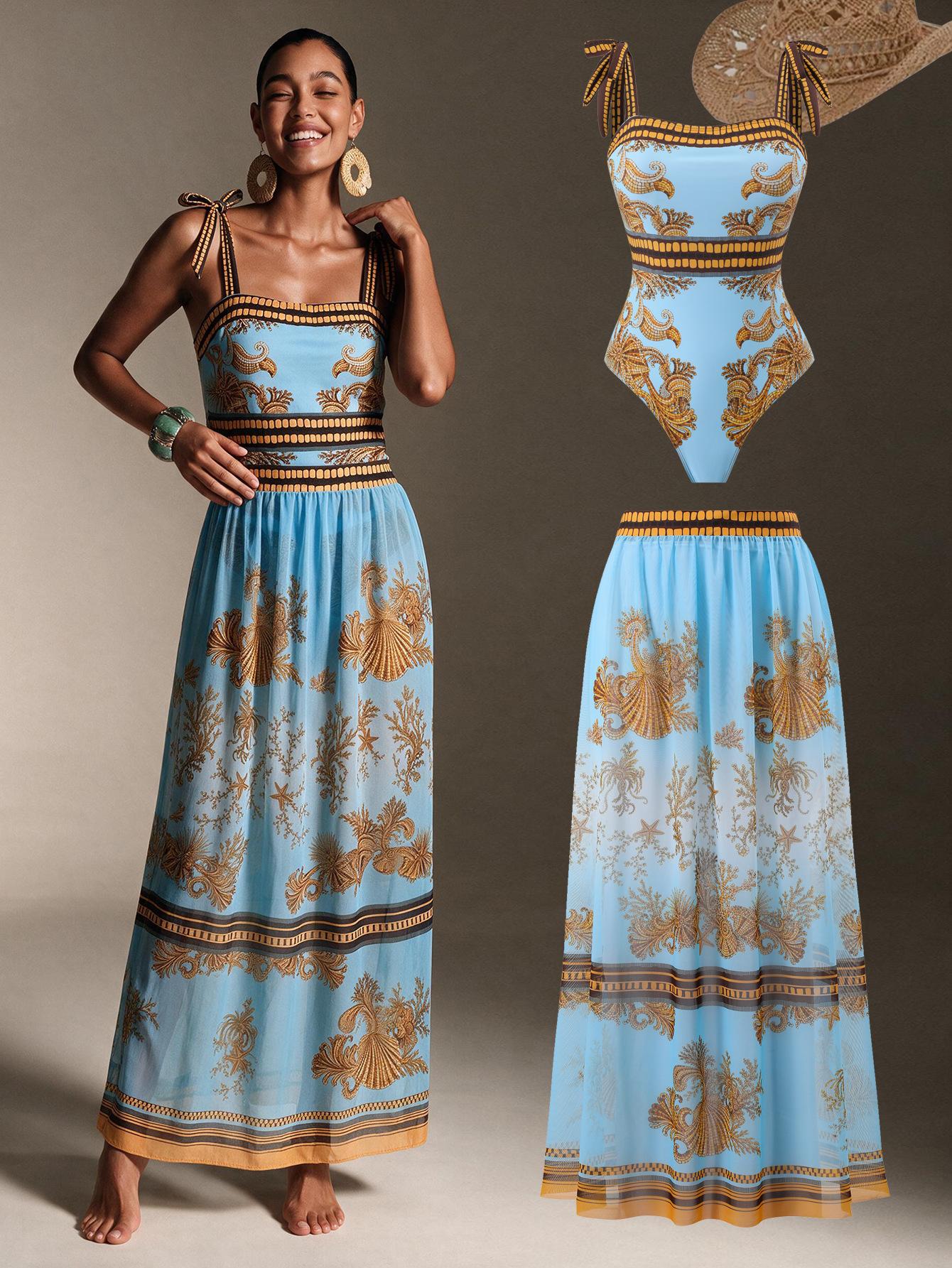 Women Blue Gold Vintage Print Tie Shoulder One Piece Swimsuit with Sheer Maxi Cover Up Skirt 2 Piece Luxury Beach Swimwear