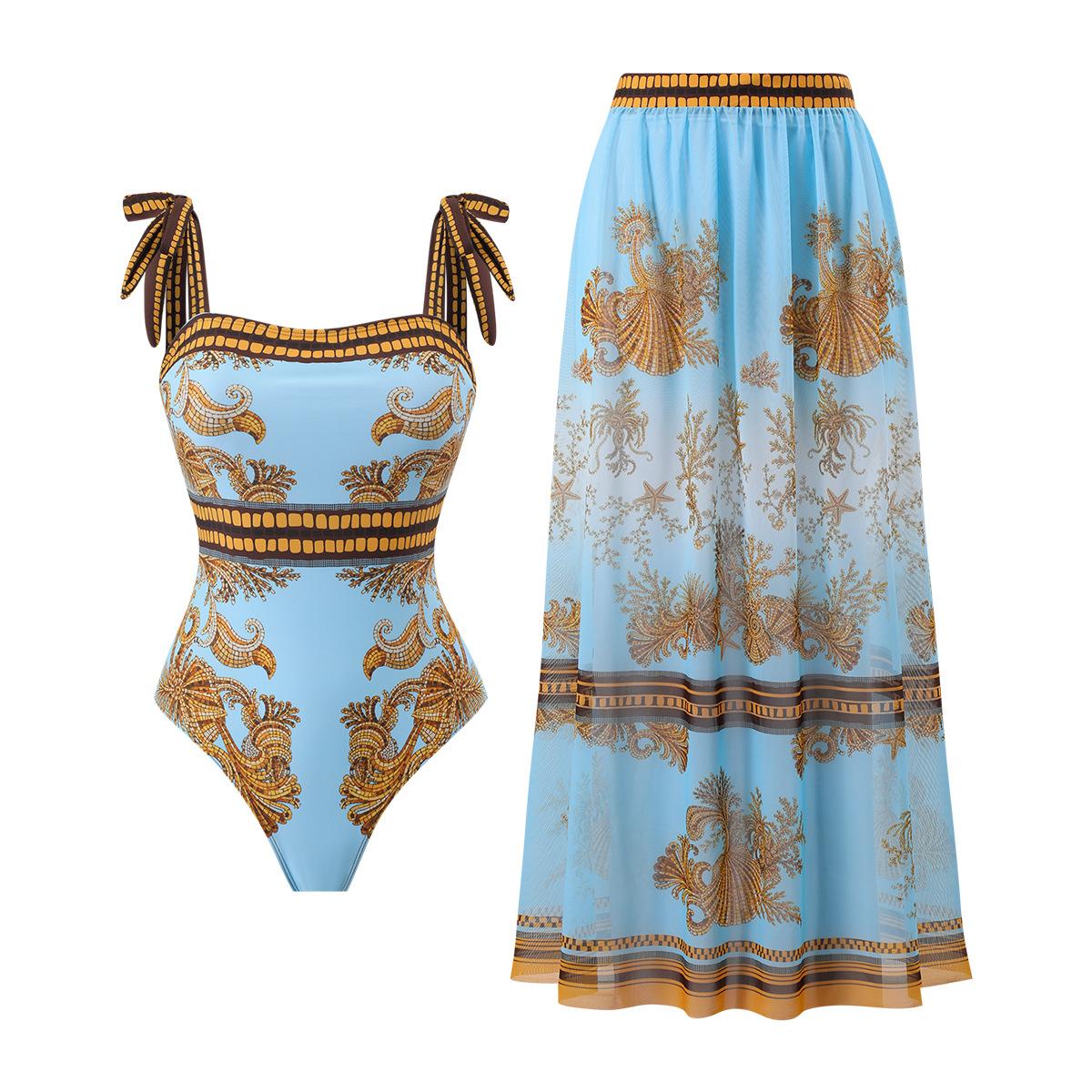 (image for) Women Blue Gold Vintage Print Tie Shoulder One Piece Swimsuit with Sheer Maxi Cover Up Skirt 2 Piece Luxury Beach Swimwear