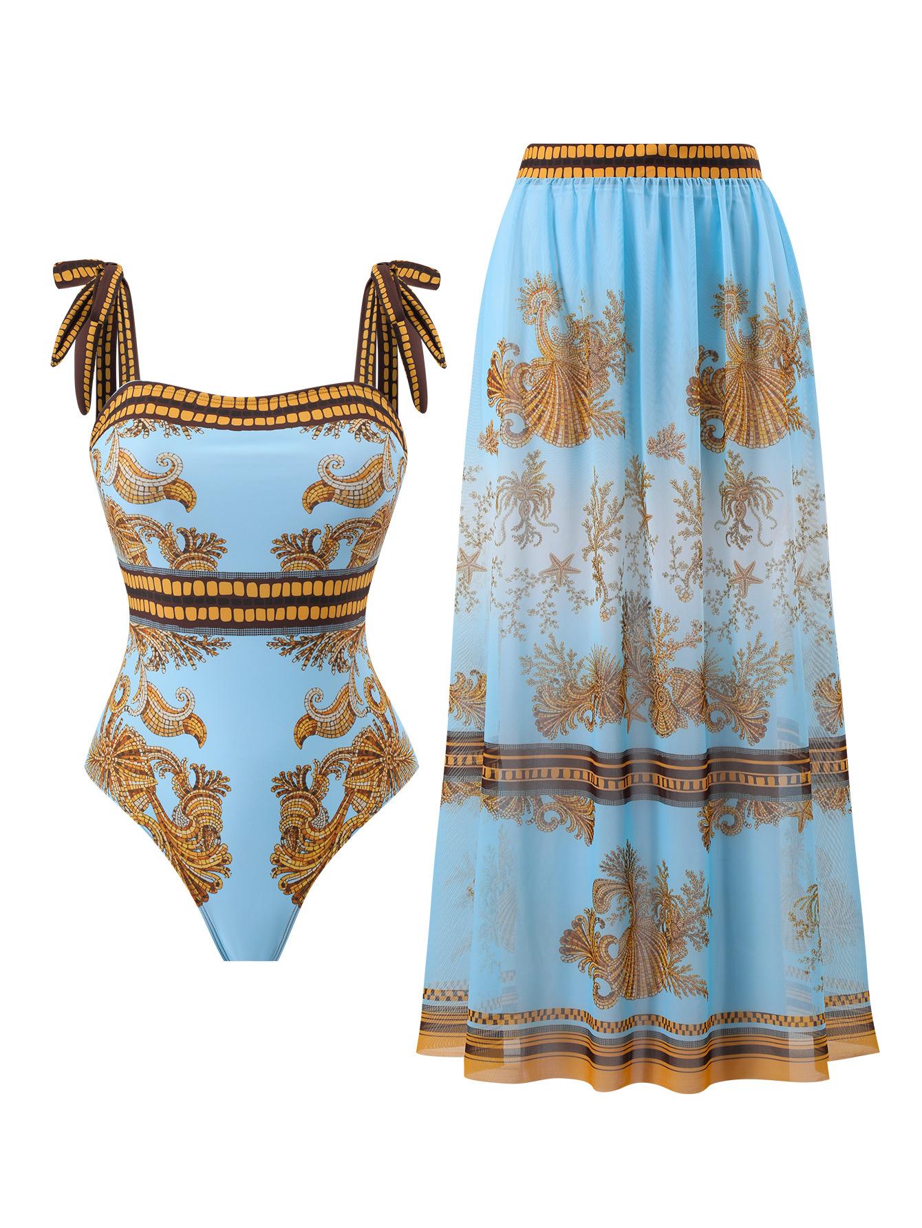 (image for) Women Blue Gold Vintage Print Tie Shoulder One Piece Swimsuit with Sheer Maxi Cover Up Skirt 2 Piece Luxury Beach Swimwear