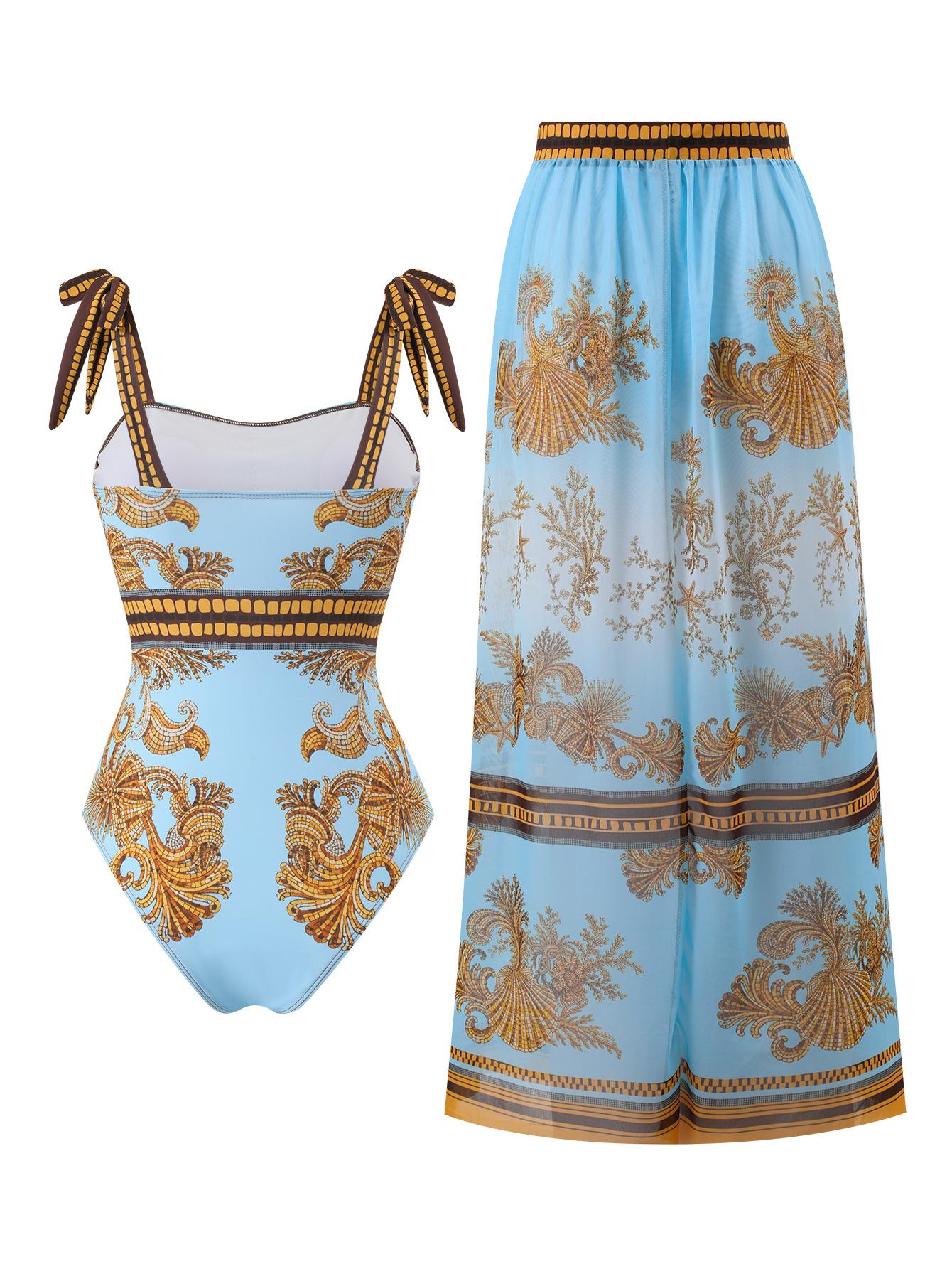 (image for) Women Blue Gold Vintage Print Tie Shoulder One Piece Swimsuit with Sheer Maxi Cover Up Skirt 2 Piece Luxury Beach Swimwear