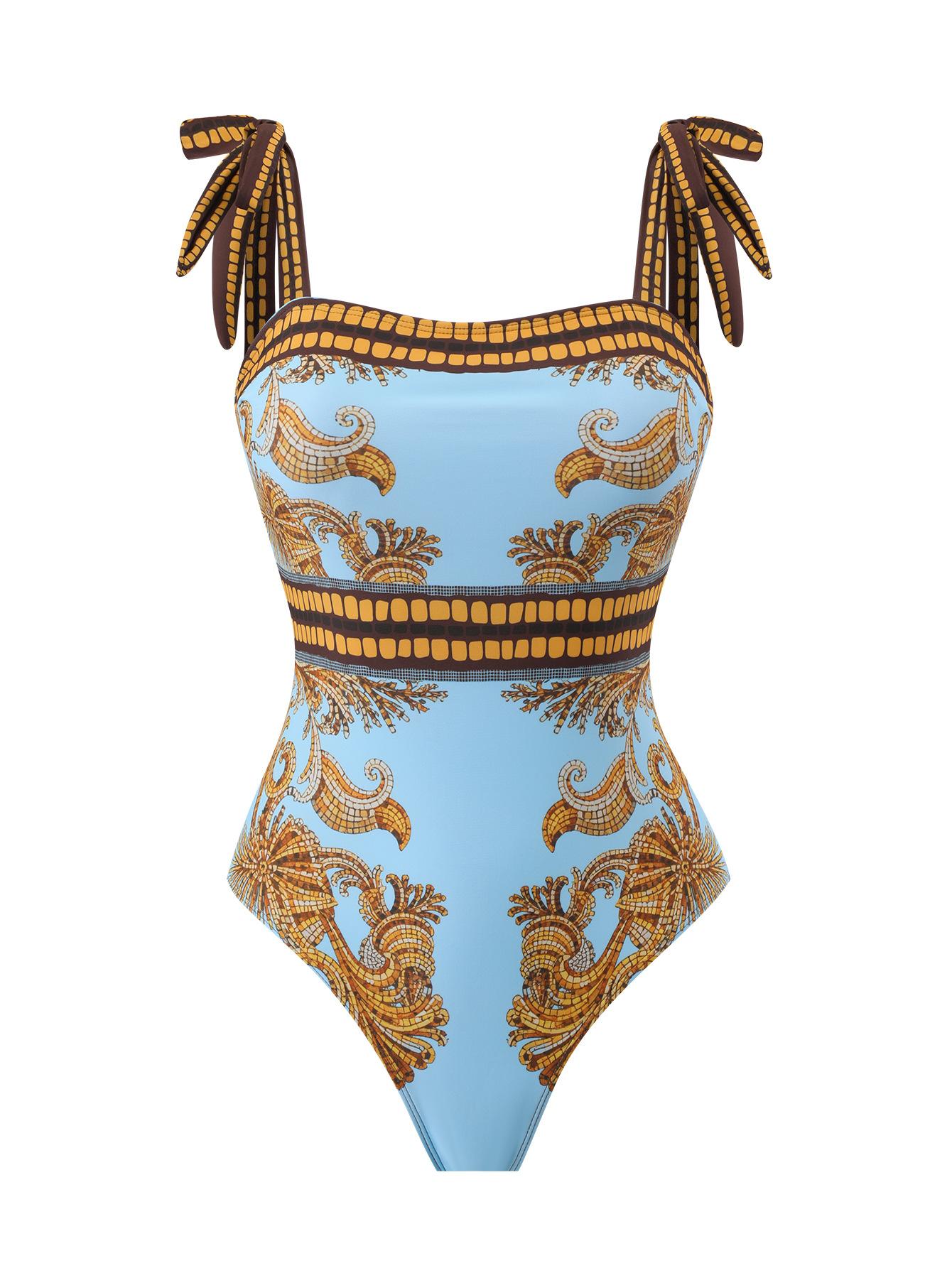 (image for) Women Blue Gold Vintage Print Tie Shoulder One Piece Swimsuit with Sheer Maxi Cover Up Skirt 2 Piece Luxury Beach Swimwear