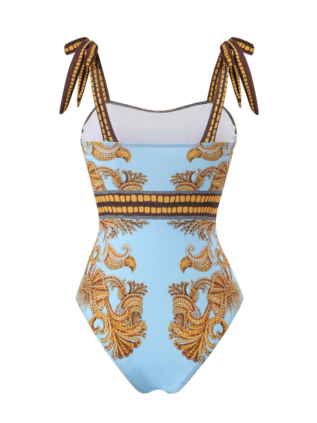 (image for) Women Blue Gold Vintage Print Tie Shoulder One Piece Swimsuit with Sheer Maxi Cover Up Skirt 2 Piece Luxury Beach Swimwear