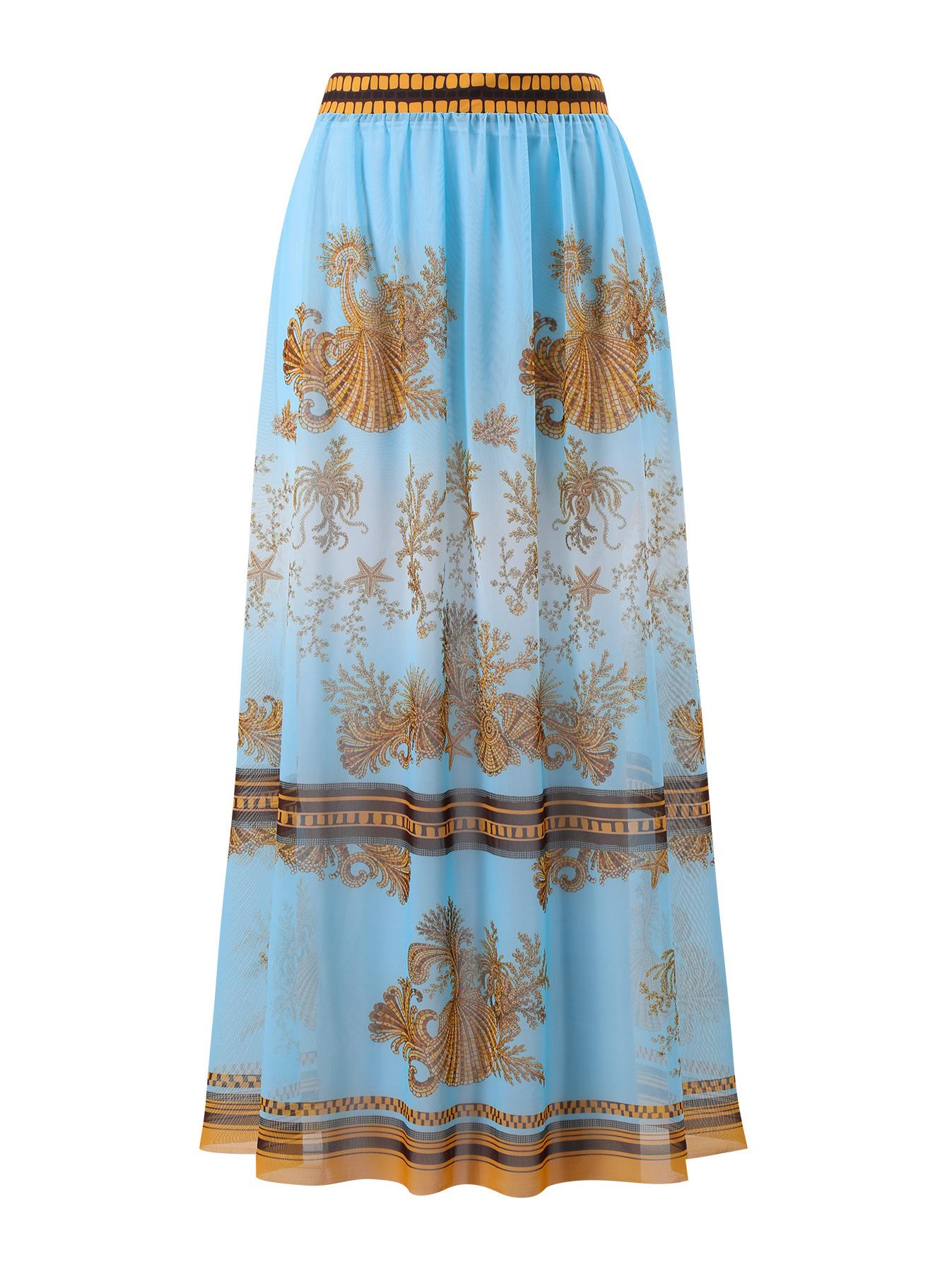 (image for) Women Blue Gold Vintage Print Tie Shoulder One Piece Swimsuit with Sheer Maxi Cover Up Skirt 2 Piece Luxury Beach Swimwear