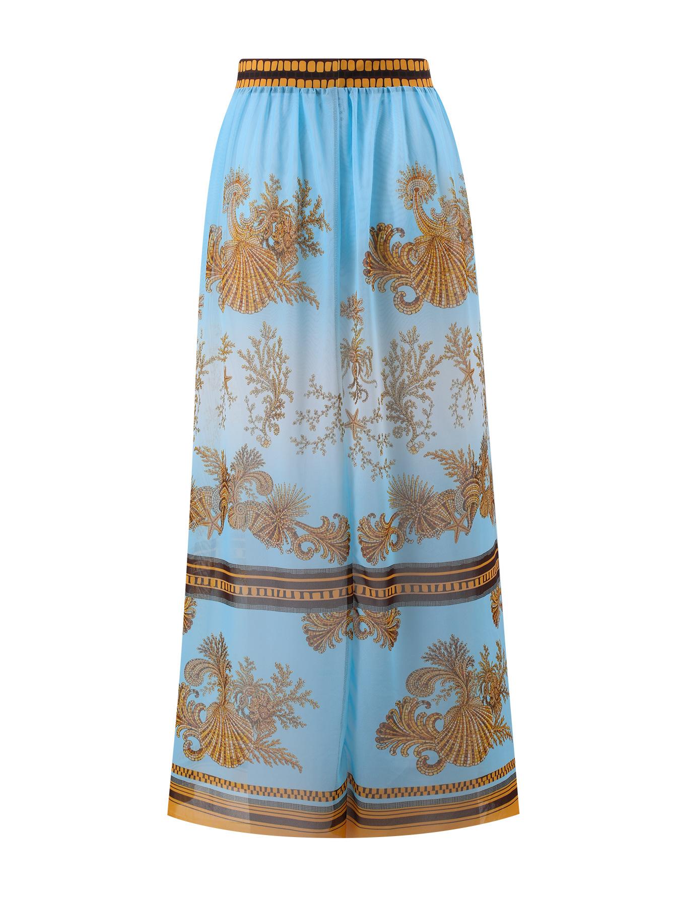 (image for) Women Blue Gold Vintage Print Tie Shoulder One Piece Swimsuit with Sheer Maxi Cover Up Skirt 2 Piece Luxury Beach Swimwear