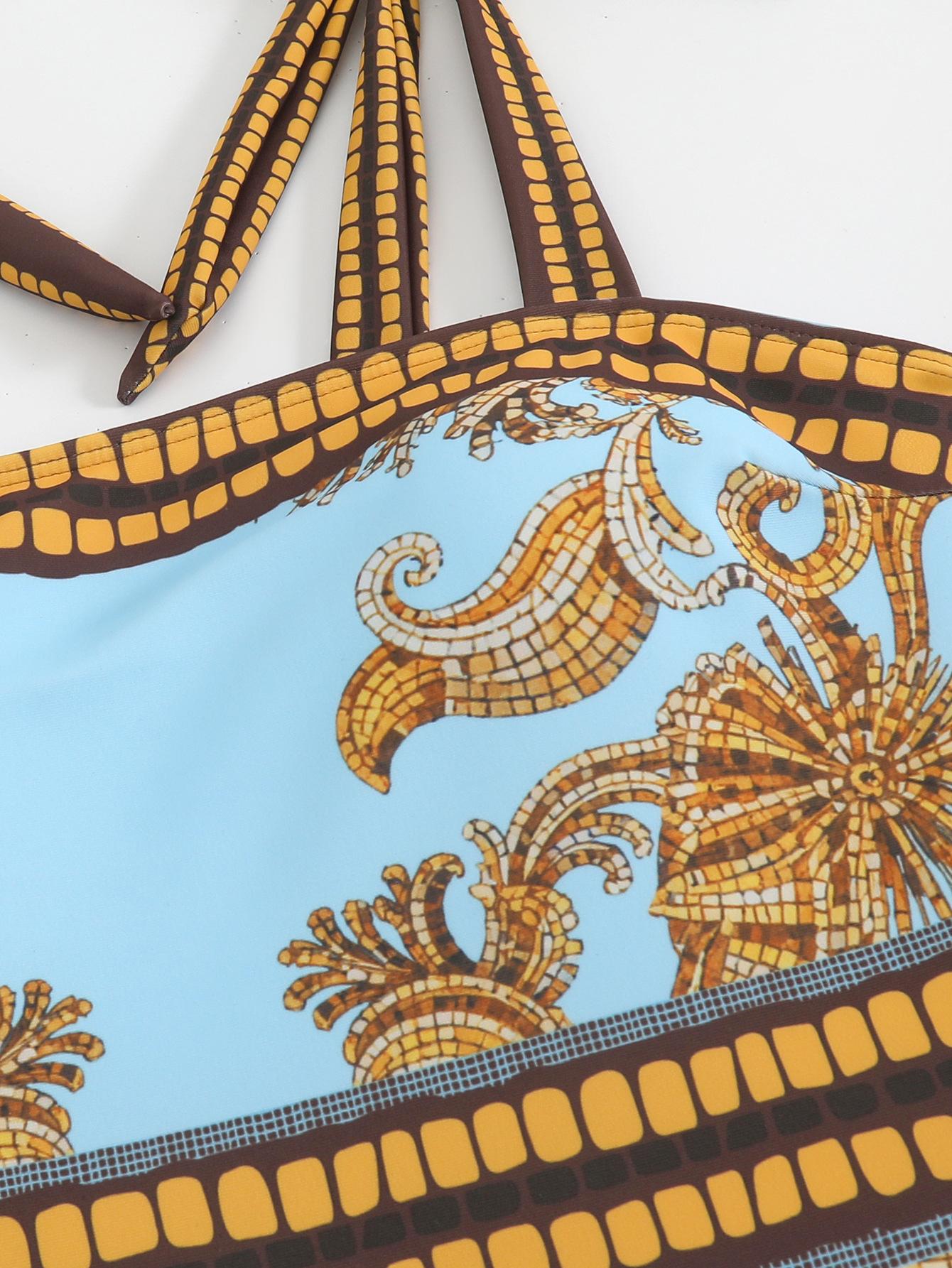 (image for) Women Blue Gold Vintage Print Tie Shoulder One Piece Swimsuit with Sheer Maxi Cover Up Skirt 2 Piece Luxury Beach Swimwear