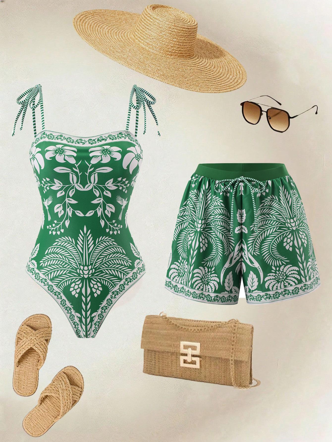 (image for) Women Green Tropical Plant Floral Print Tie Shoulder One Piece Swimsuit with Matching Shorts 2 Piece Fresh Brightening Premium Hot Spring Beach Swimwear Set
