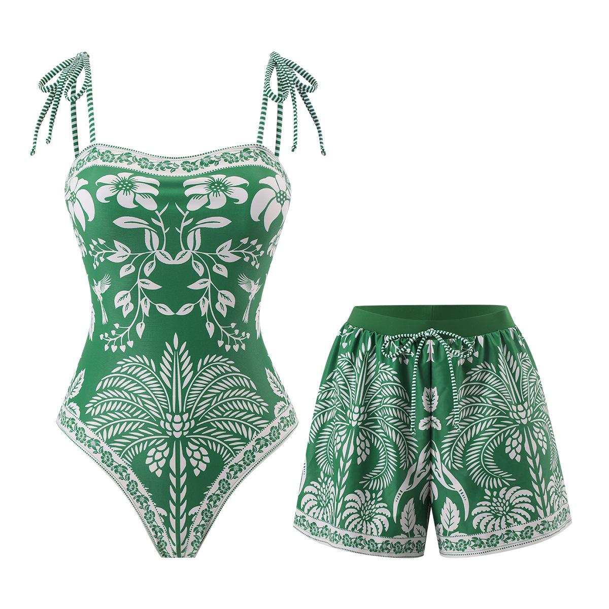 (image for) Women Green Tropical Plant Floral Print Tie Shoulder One Piece Swimsuit with Matching Shorts 2 Piece Fresh Brightening Premium Hot Spring Beach Swimwear Set
