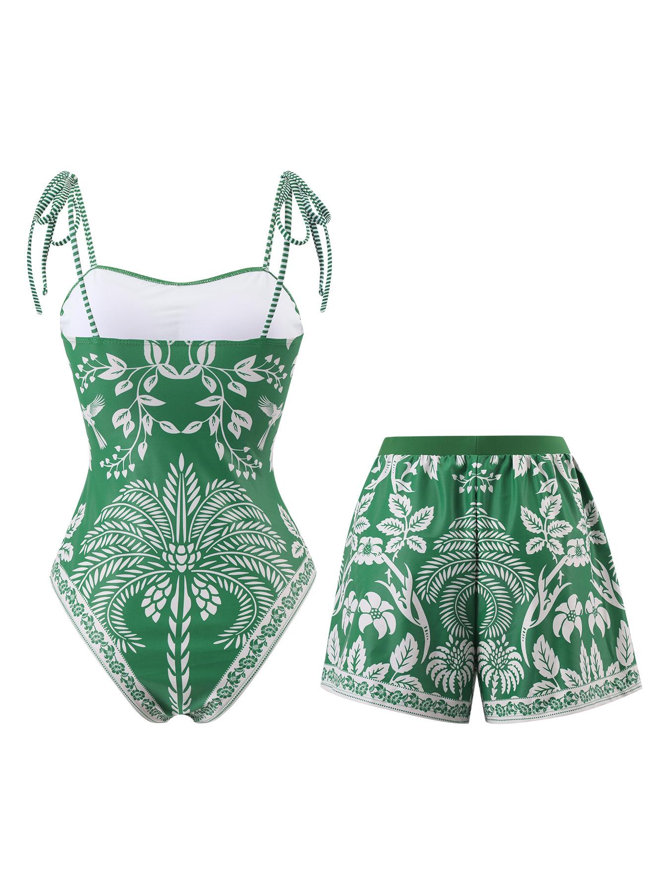 (image for) Women Green Tropical Plant Floral Print Tie Shoulder One Piece Swimsuit with Matching Shorts 2 Piece Fresh Brightening Premium Hot Spring Beach Swimwear Set