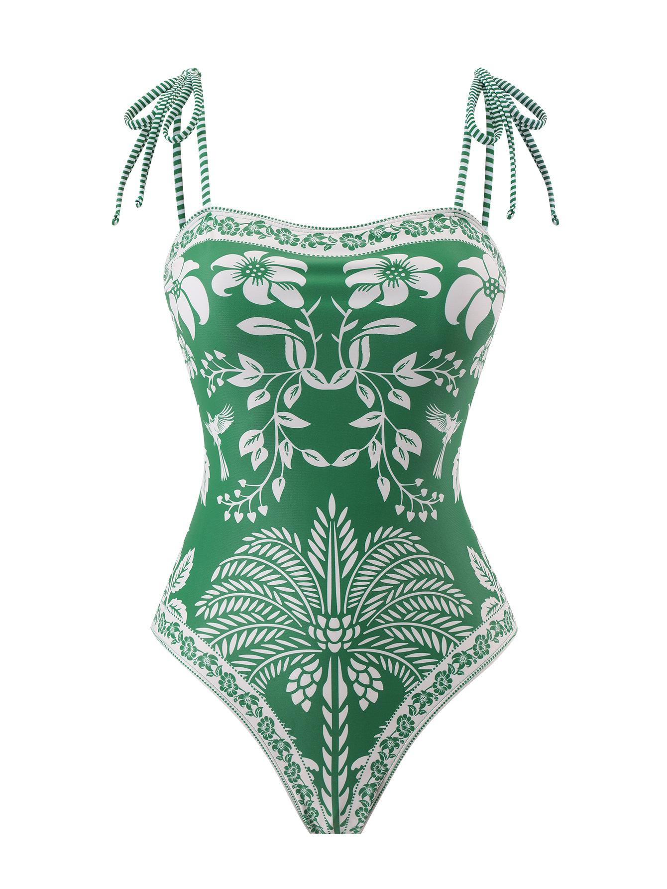 (image for) Women Green Tropical Plant Floral Print Tie Shoulder One Piece Swimsuit with Matching Shorts 2 Piece Fresh Brightening Premium Hot Spring Beach Swimwear Set