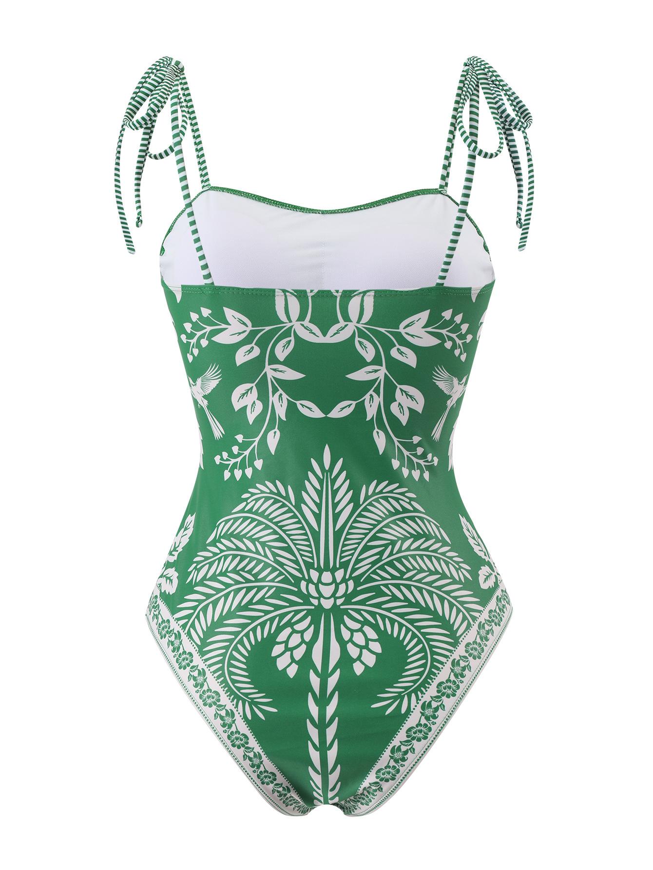 (image for) Women Green Tropical Plant Floral Print Tie Shoulder One Piece Swimsuit with Matching Shorts 2 Piece Fresh Brightening Premium Hot Spring Beach Swimwear Set