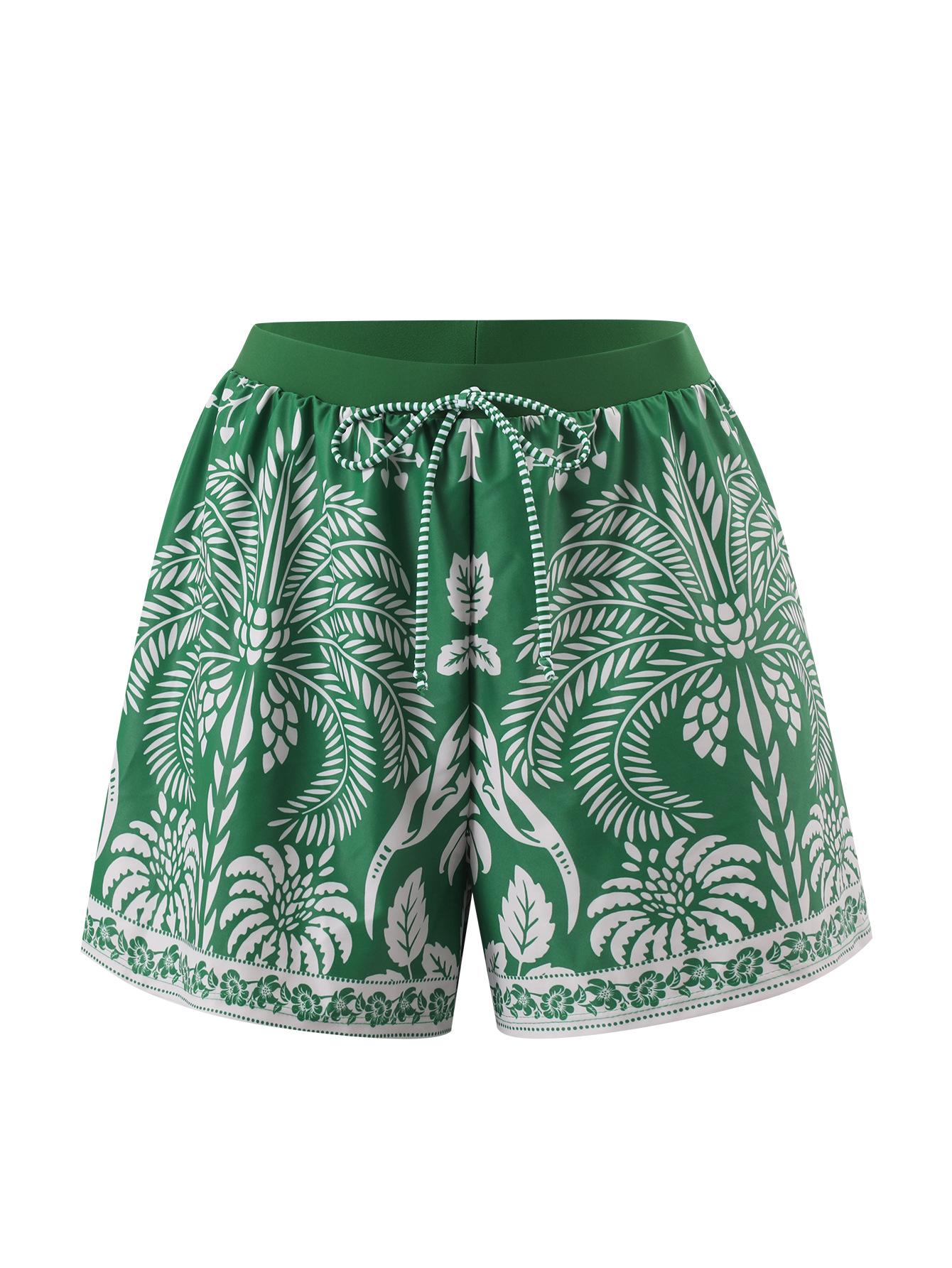 (image for) Women Green Tropical Plant Floral Print Tie Shoulder One Piece Swimsuit with Matching Shorts 2 Piece Fresh Brightening Premium Hot Spring Beach Swimwear Set