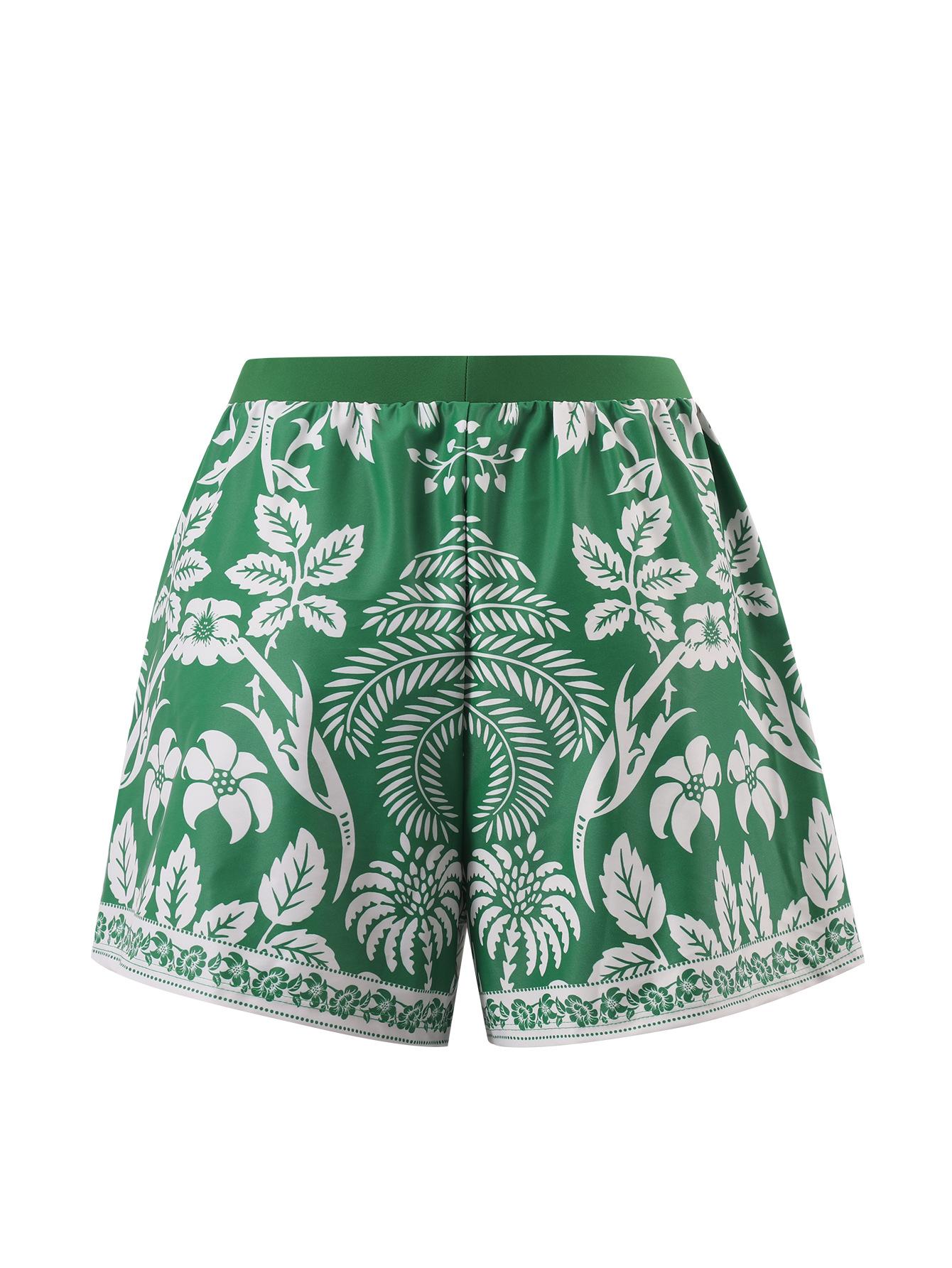 (image for) Women Green Tropical Plant Floral Print Tie Shoulder One Piece Swimsuit with Matching Shorts 2 Piece Fresh Brightening Premium Hot Spring Beach Swimwear Set