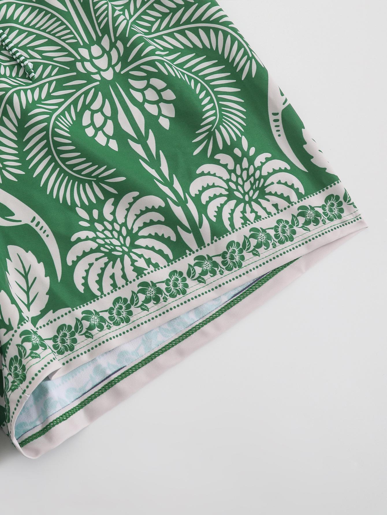 (image for) Women Green Tropical Plant Floral Print Tie Shoulder One Piece Swimsuit with Matching Shorts 2 Piece Fresh Brightening Premium Hot Spring Beach Swimwear Set