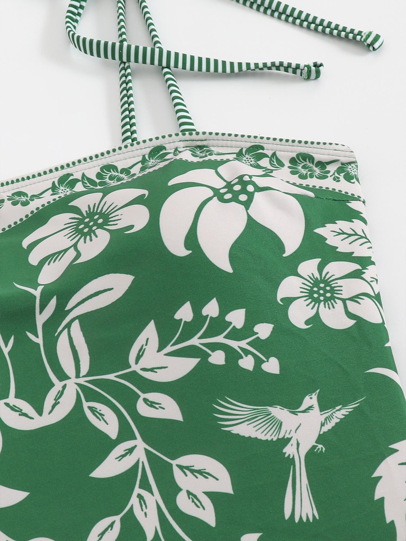 (image for) Women Green Tropical Plant Floral Print Tie Shoulder One Piece Swimsuit with Matching Shorts 2 Piece Fresh Brightening Premium Hot Spring Beach Swimwear Set