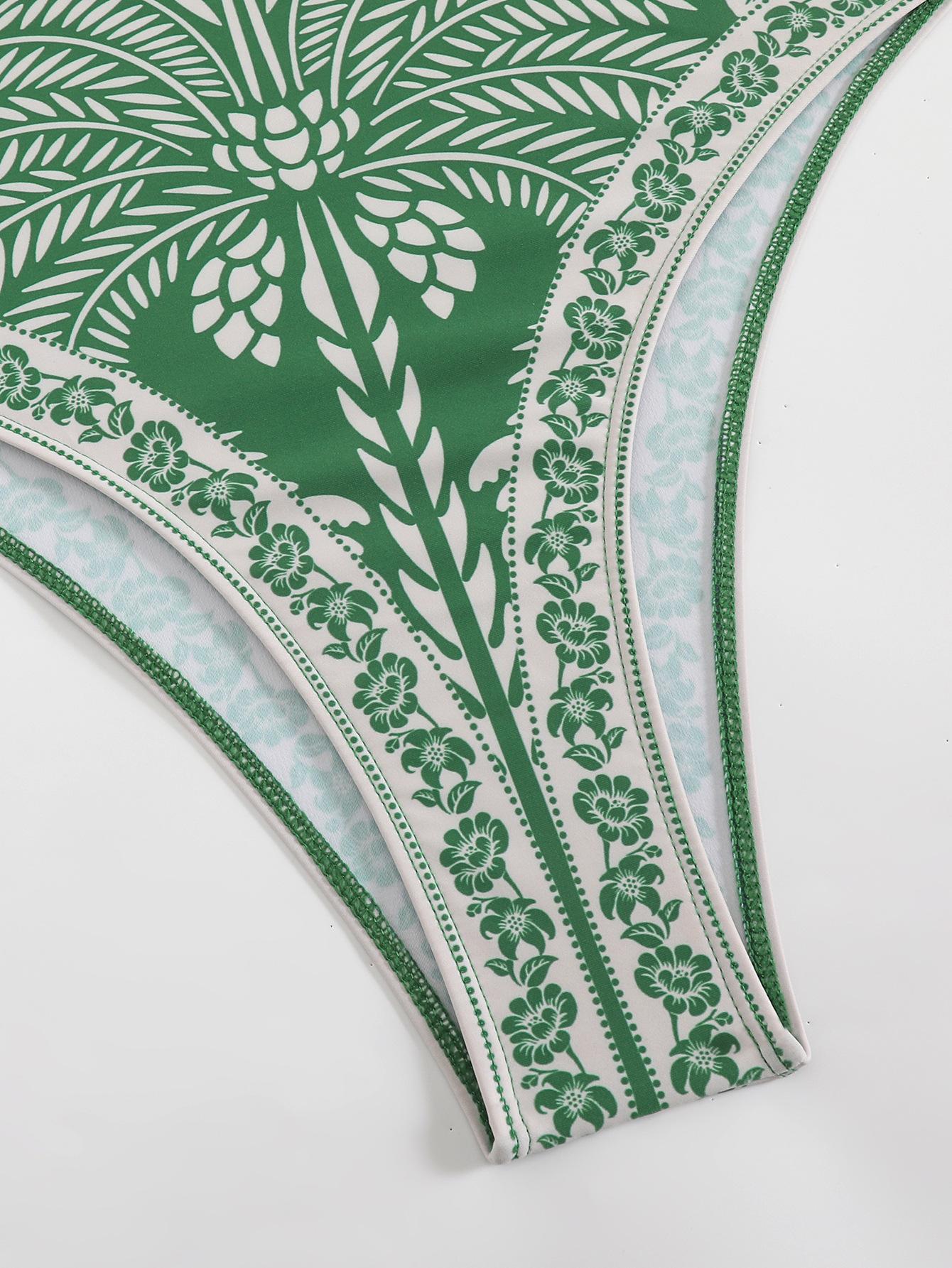 (image for) Women Green Tropical Plant Floral Print Tie Shoulder One Piece Swimsuit with Matching Shorts 2 Piece Fresh Brightening Premium Hot Spring Beach Swimwear Set