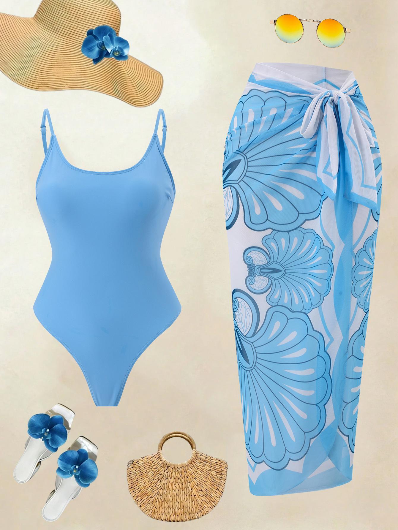 (image for) Women Spaghetti Strap Solid Blue One Piece Swimsuit with Shell Floral Print Sarong Skirt 2 Piece Tummy Control Hot Spring Beach Swimwear Set
