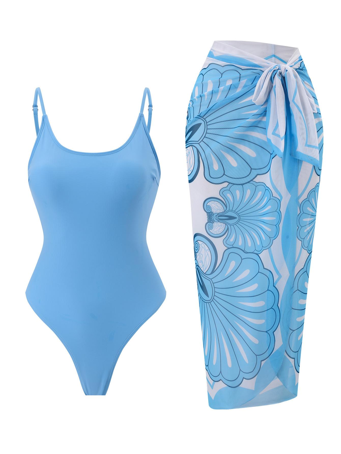 (image for) Women Spaghetti Strap Solid Blue One Piece Swimsuit with Shell Floral Print Sarong Skirt 2 Piece Tummy Control Hot Spring Beach Swimwear Set