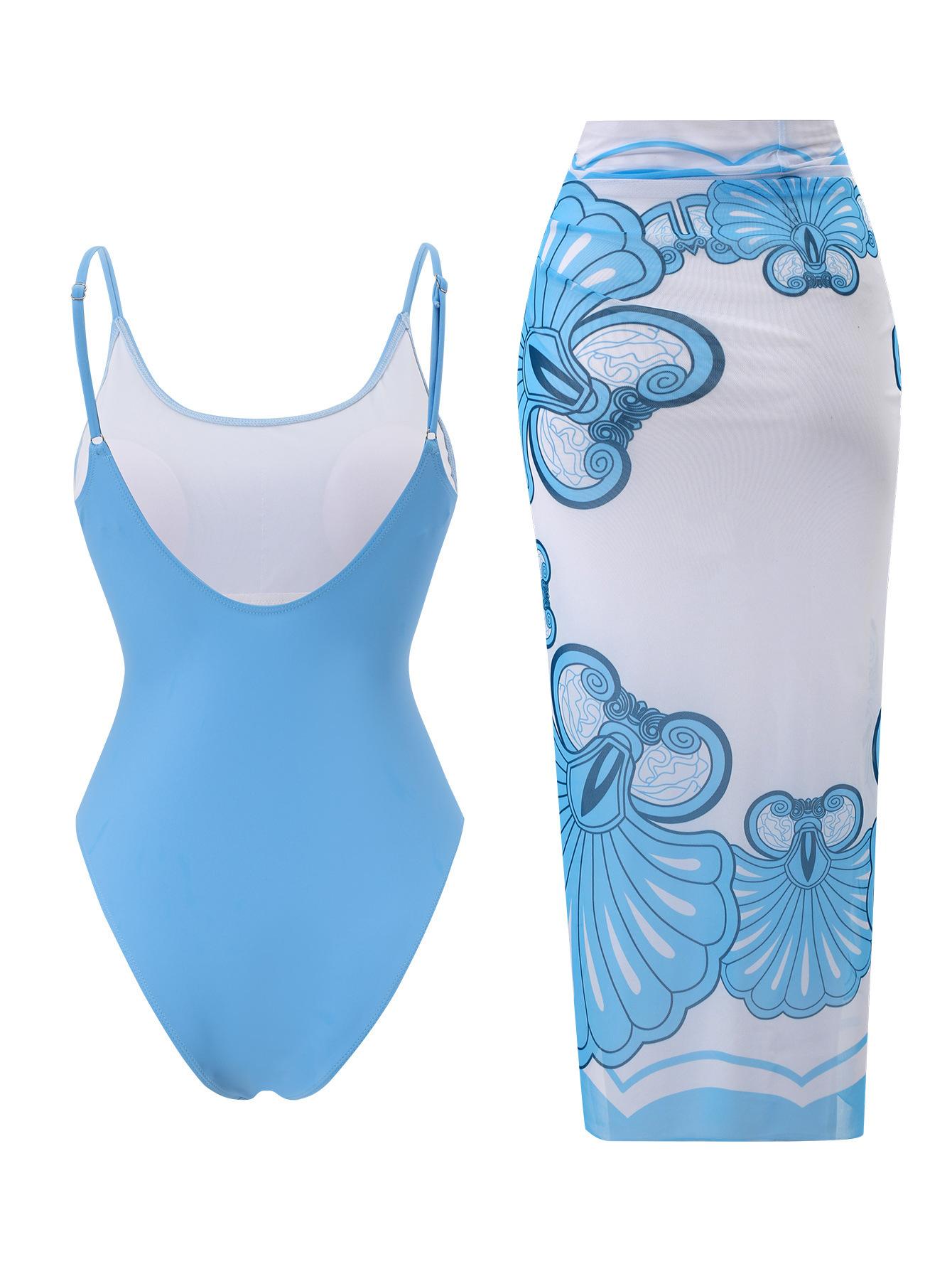 (image for) Women Spaghetti Strap Solid Blue One Piece Swimsuit with Shell Floral Print Sarong Skirt 2 Piece Tummy Control Hot Spring Beach Swimwear Set