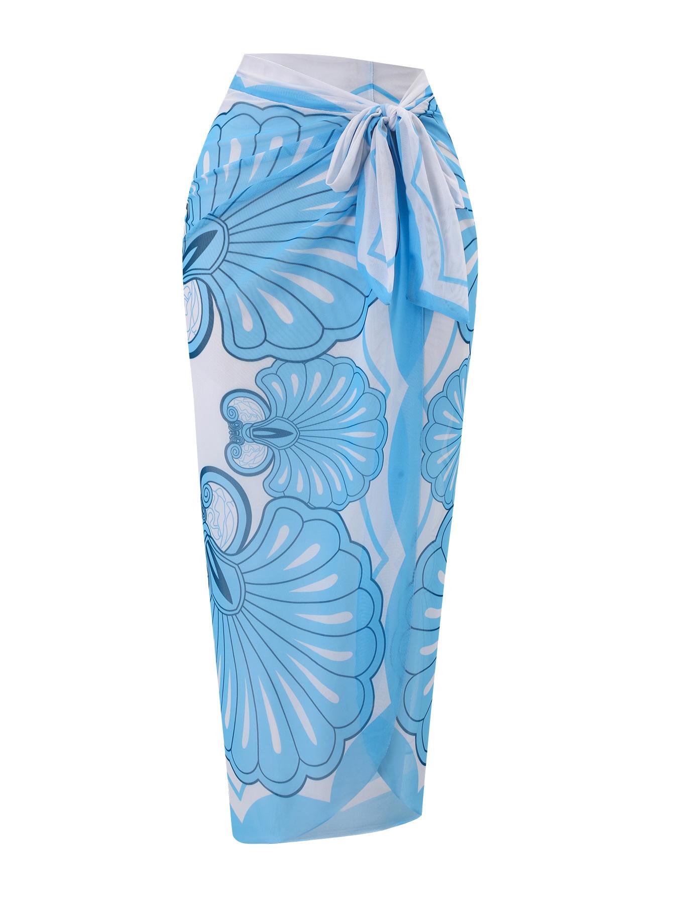 (image for) Women Spaghetti Strap Solid Blue One Piece Swimsuit with Shell Floral Print Sarong Skirt 2 Piece Tummy Control Hot Spring Beach Swimwear Set