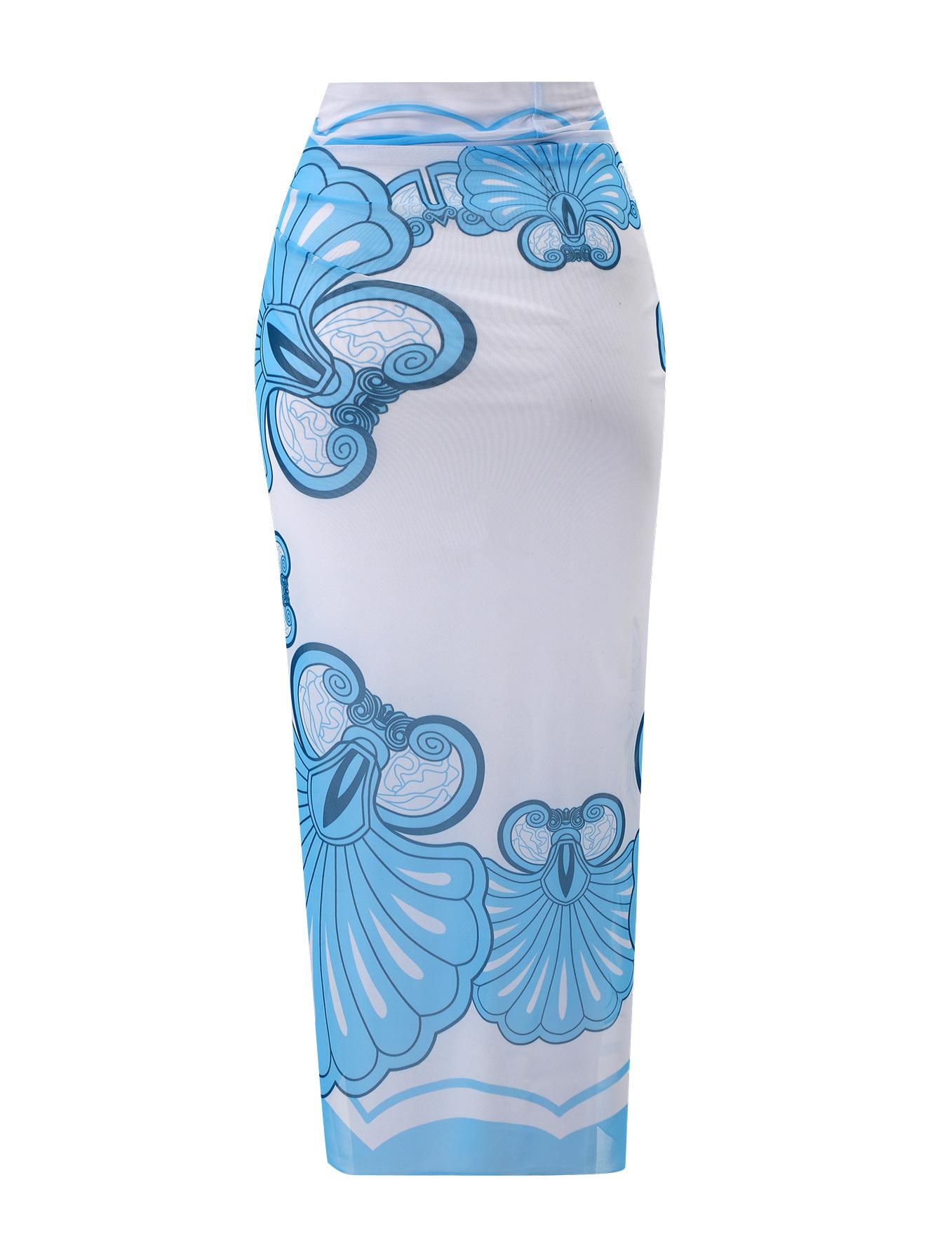 (image for) Women Spaghetti Strap Solid Blue One Piece Swimsuit with Shell Floral Print Sarong Skirt 2 Piece Tummy Control Hot Spring Beach Swimwear Set