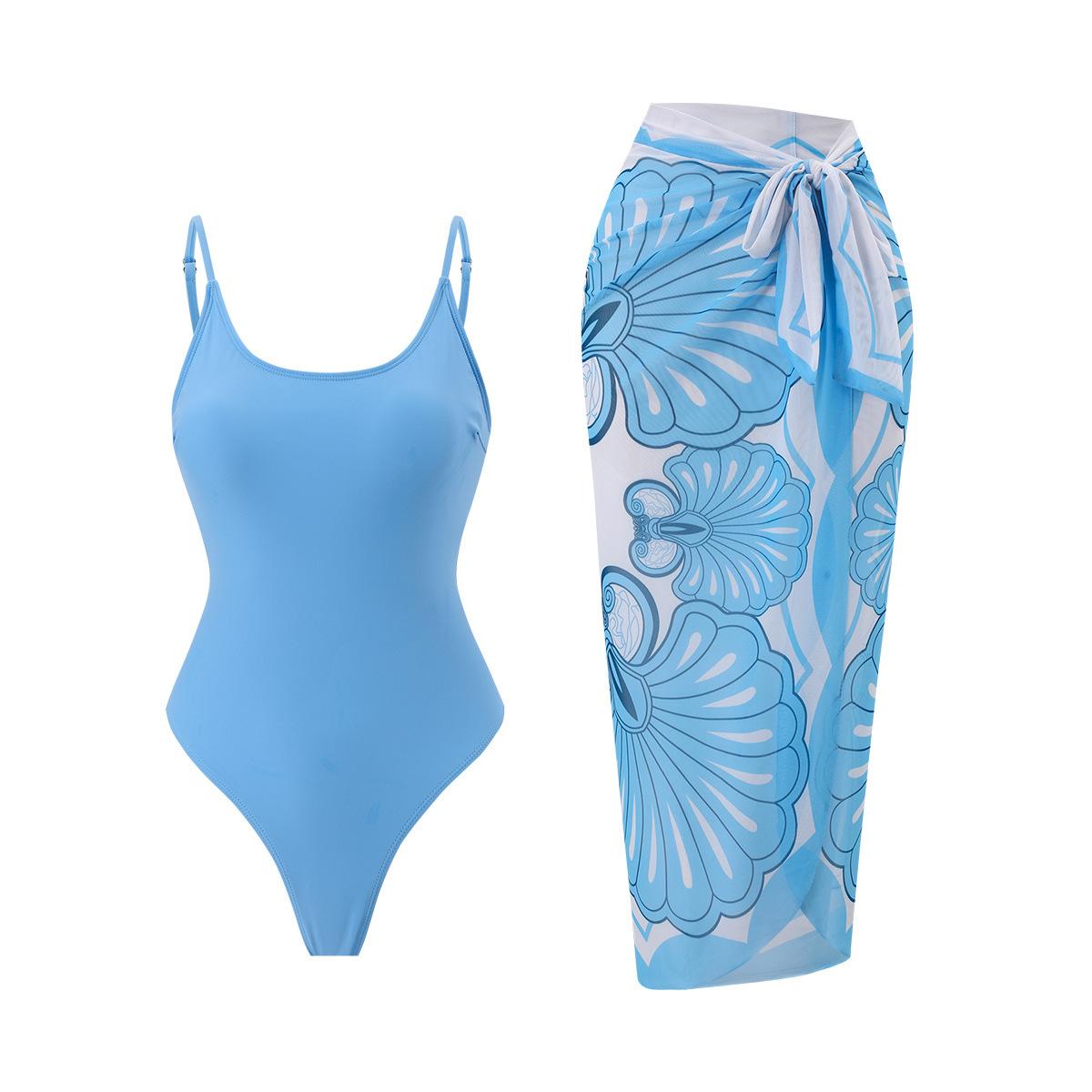 (image for) Women Spaghetti Strap Solid Blue One Piece Swimsuit with Shell Floral Print Sarong Skirt 2 Piece Tummy Control Hot Spring Beach Swimwear Set