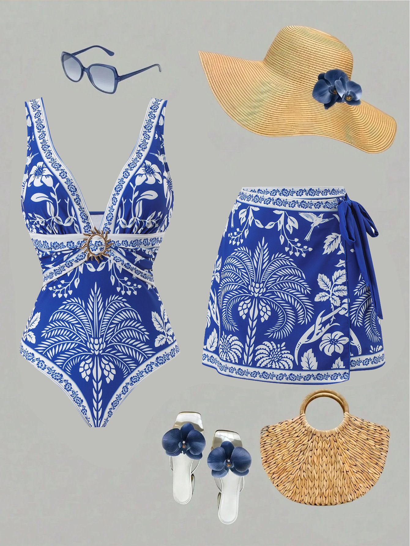 Women Blue White Porcelain Botanical Print Deep V One Piece Swimsuit with Matching Wrap Mini Sarong Skirt 2 Piece Tummy Control Slimming Beach Swimwear Set
