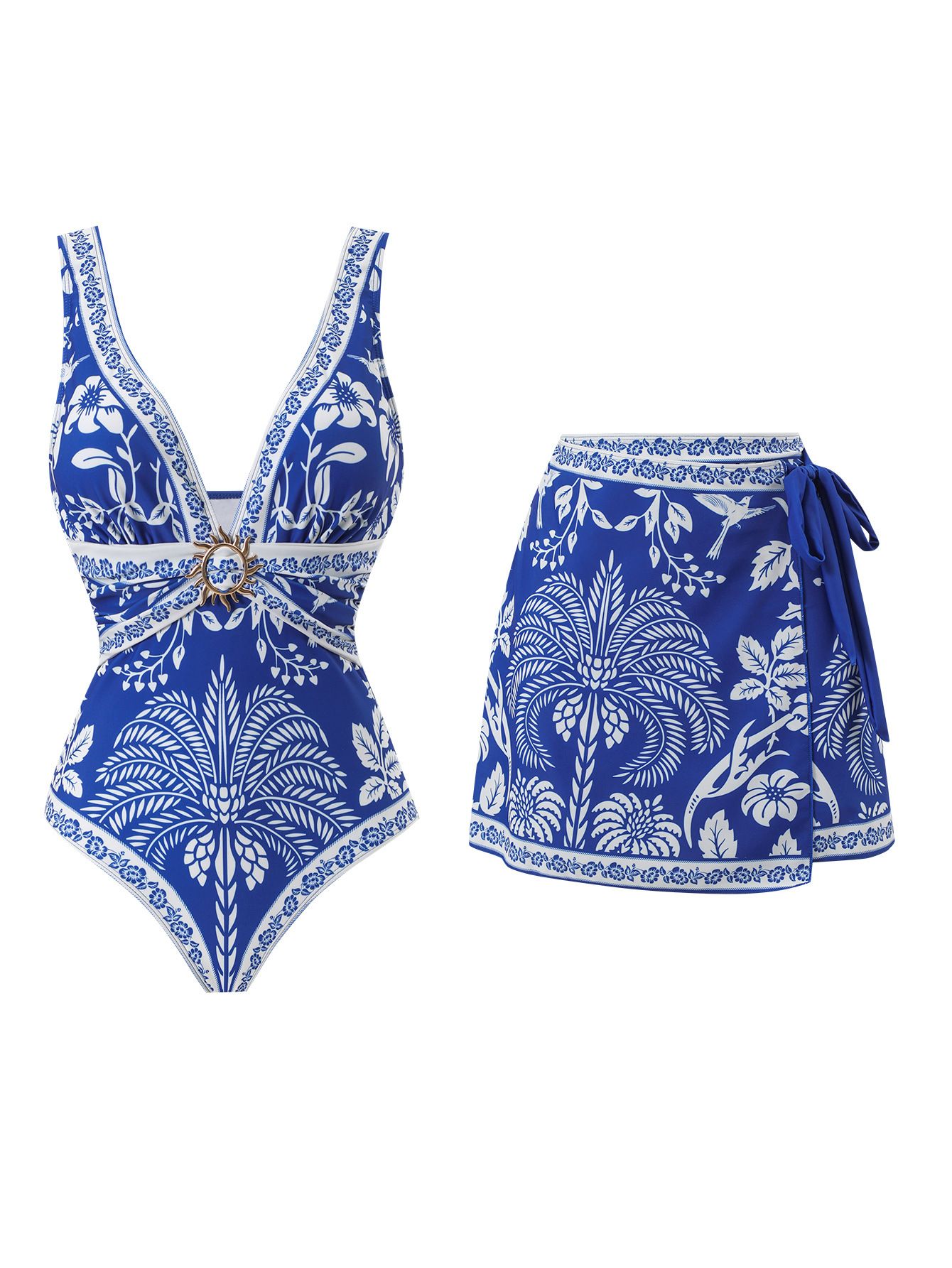 (image for) Women Blue White Porcelain Botanical Print Deep V One Piece Swimsuit with Matching Wrap Mini Sarong Skirt 2 Piece Tummy Control Slimming Beach Swimwear Set