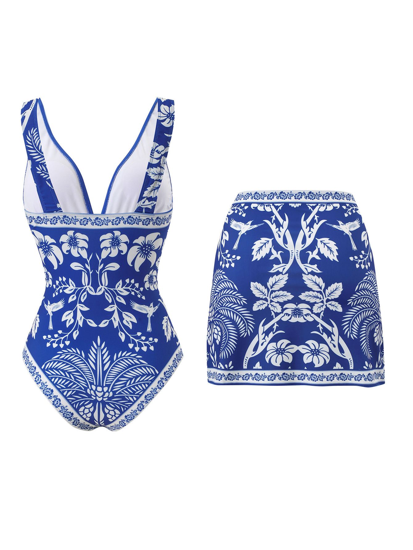 (image for) Women Blue White Porcelain Botanical Print Deep V One Piece Swimsuit with Matching Wrap Mini Sarong Skirt 2 Piece Tummy Control Slimming Beach Swimwear Set