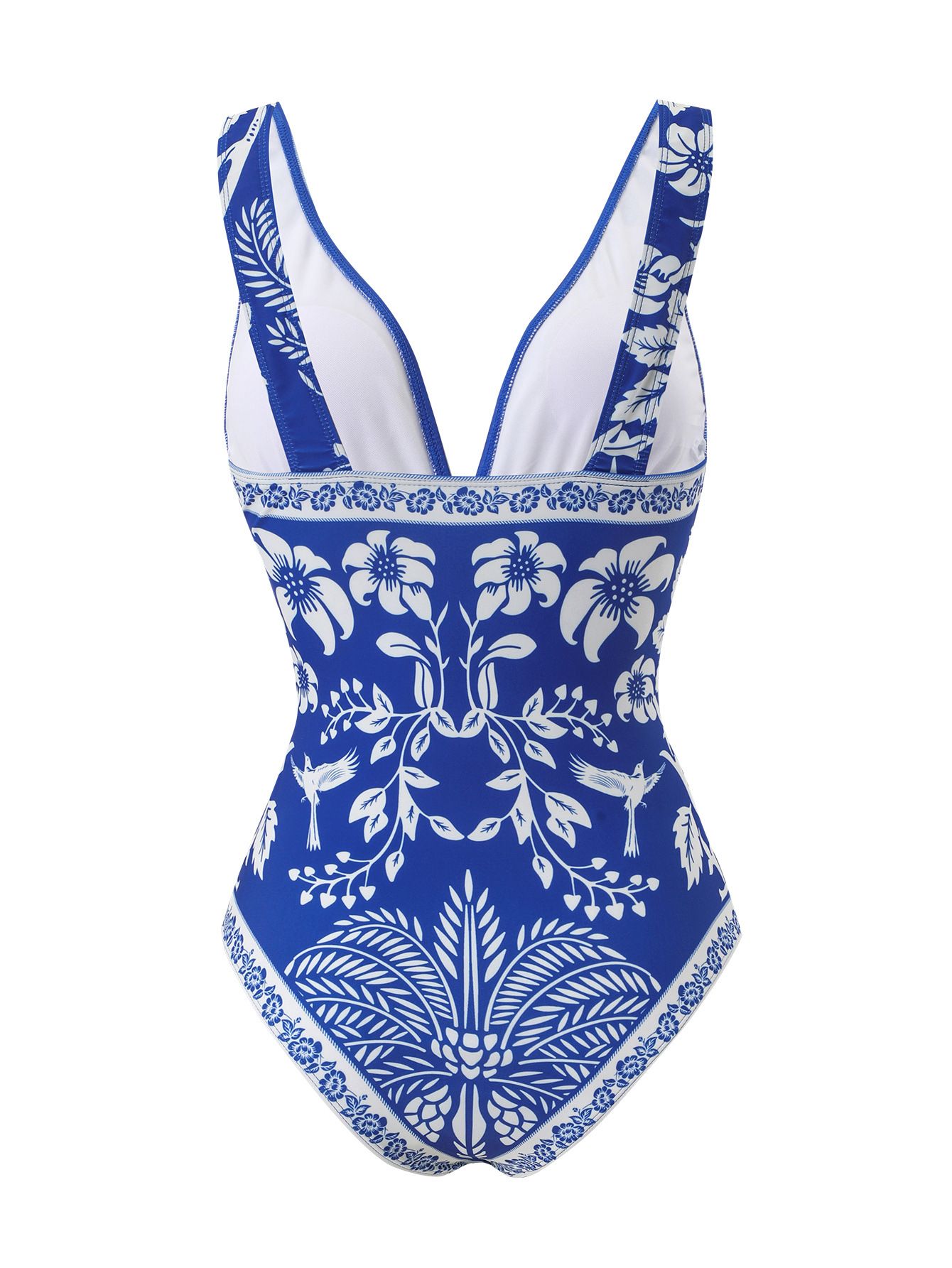 (image for) Women Blue White Porcelain Botanical Print Deep V One Piece Swimsuit with Matching Wrap Mini Sarong Skirt 2 Piece Tummy Control Slimming Beach Swimwear Set