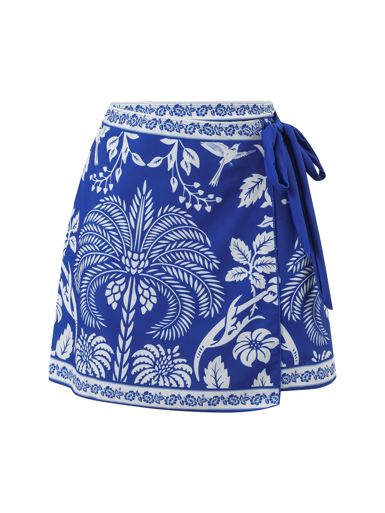 (image for) Women Blue White Porcelain Botanical Print Deep V One Piece Swimsuit with Matching Wrap Mini Sarong Skirt 2 Piece Tummy Control Slimming Beach Swimwear Set