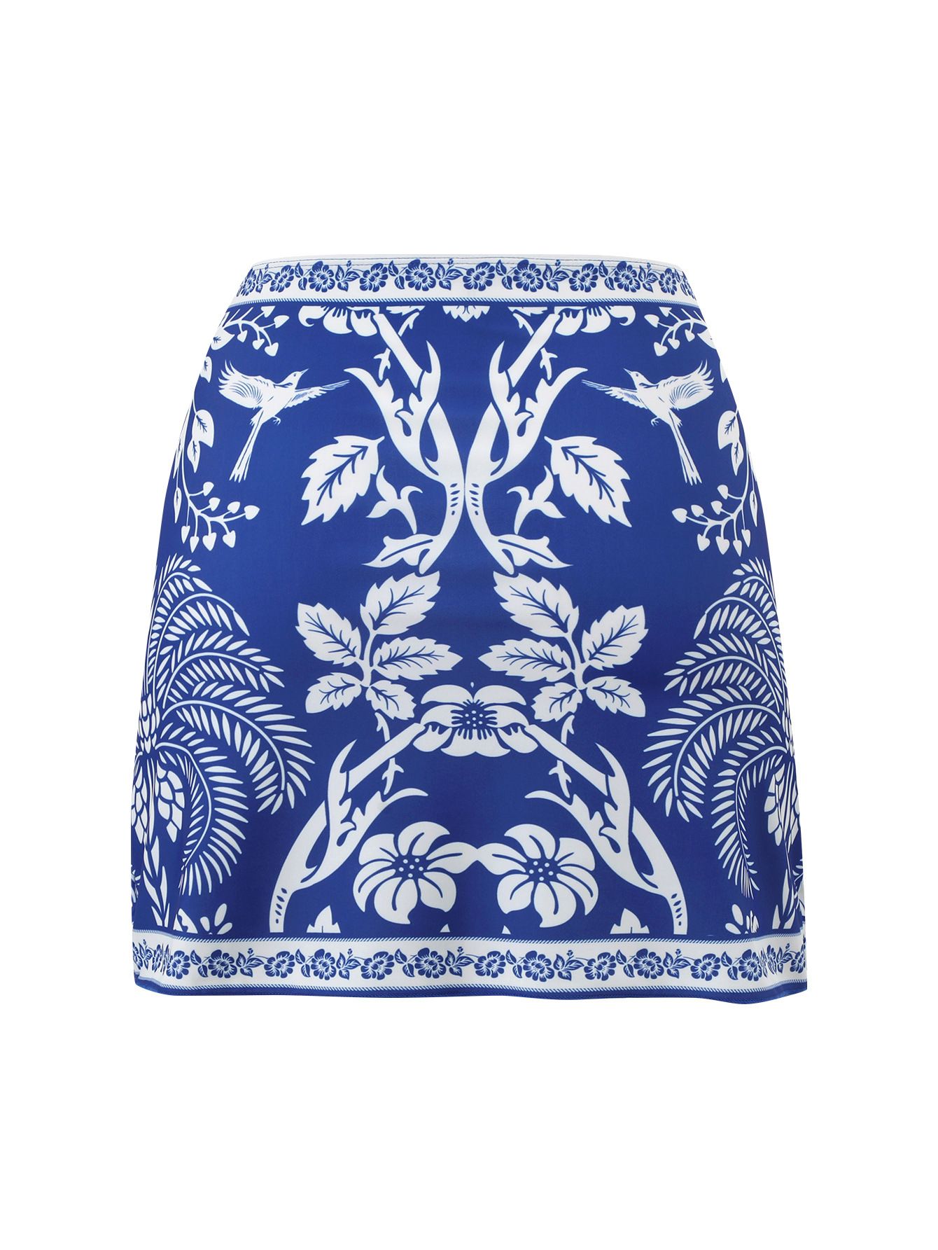 (image for) Women Blue White Porcelain Botanical Print Deep V One Piece Swimsuit with Matching Wrap Mini Sarong Skirt 2 Piece Tummy Control Slimming Beach Swimwear Set