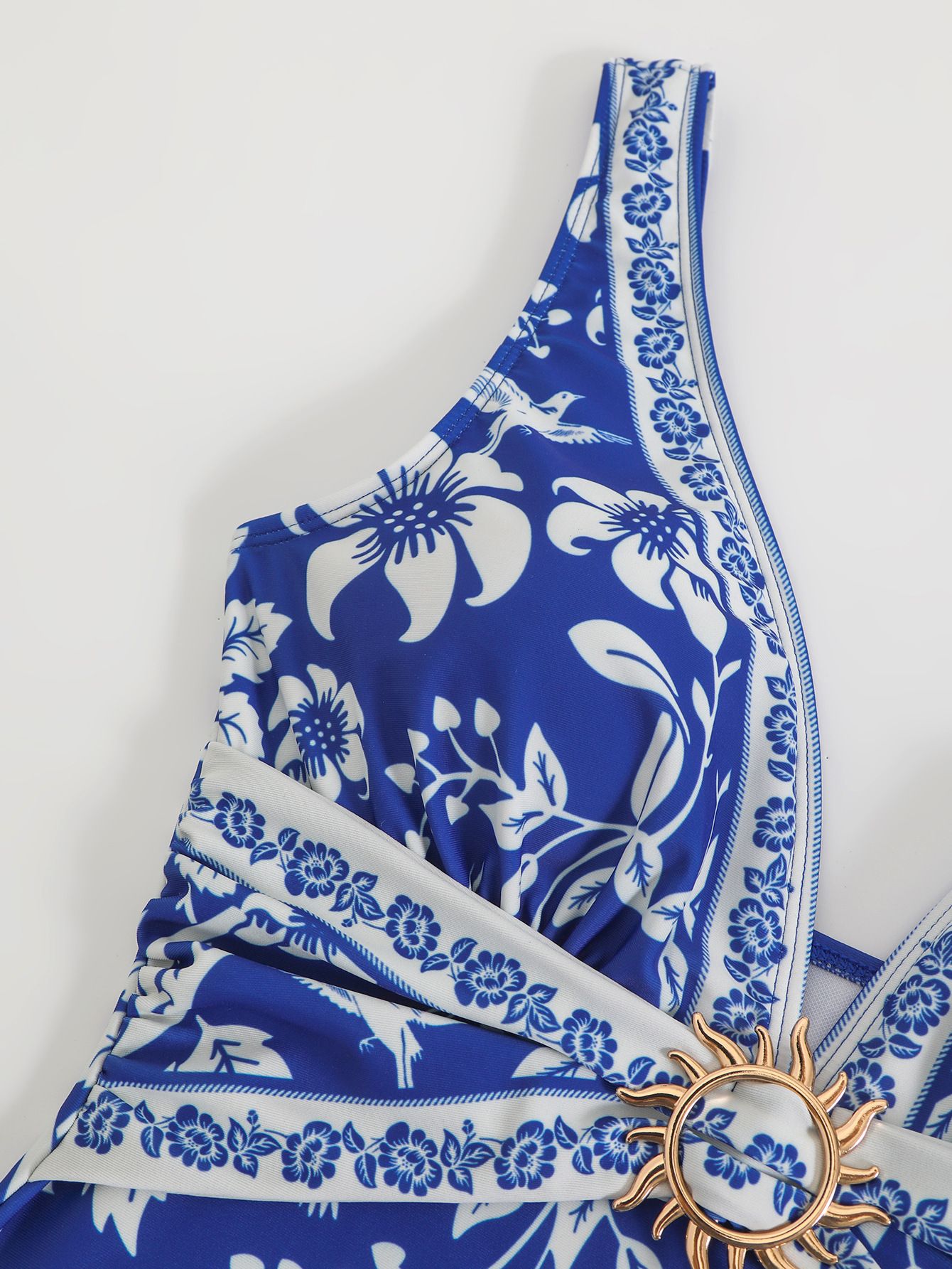 (image for) Women Blue White Porcelain Botanical Print Deep V One Piece Swimsuit with Matching Wrap Mini Sarong Skirt 2 Piece Tummy Control Slimming Beach Swimwear Set