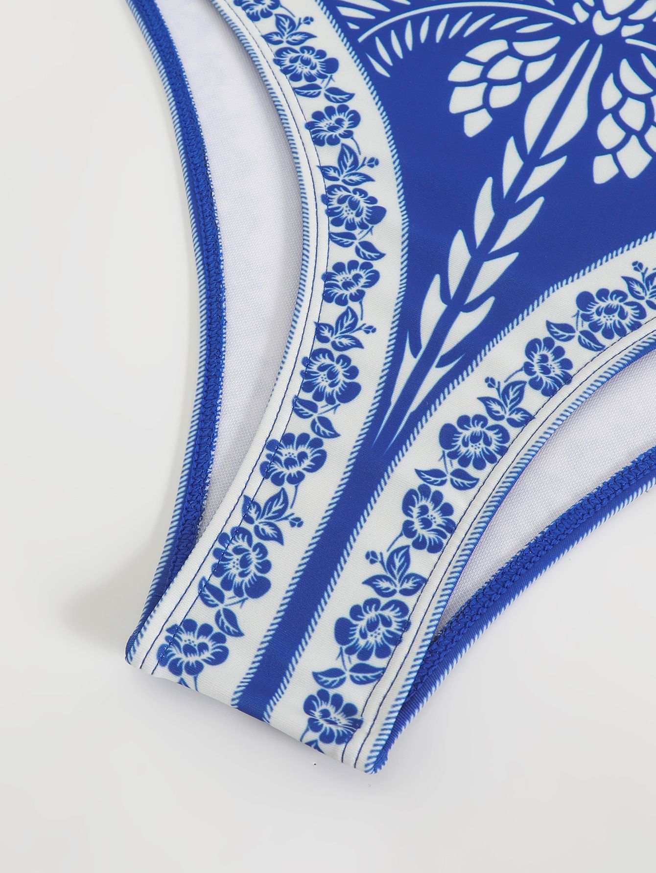 (image for) Women Blue White Porcelain Botanical Print Deep V One Piece Swimsuit with Matching Wrap Mini Sarong Skirt 2 Piece Tummy Control Slimming Beach Swimwear Set