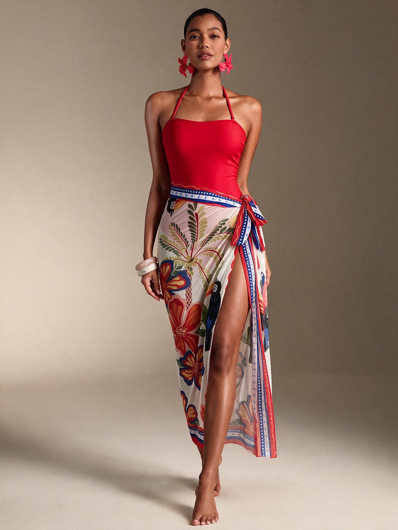 (image for) Women Halter Neck Red One Piece Swimsuit with Parrot Tropical Floral Print Maxi Sarong Skirt 2 Piece Premium Beach Vacation Swimwear Set