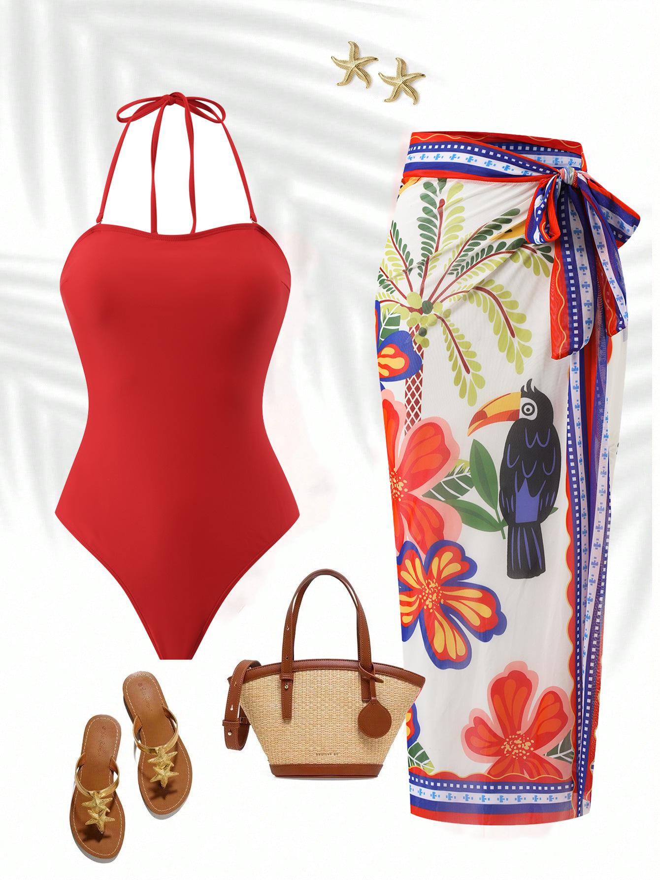(image for) Women Halter Neck Red One Piece Swimsuit with Parrot Tropical Floral Print Maxi Sarong Skirt 2 Piece Premium Beach Vacation Swimwear Set