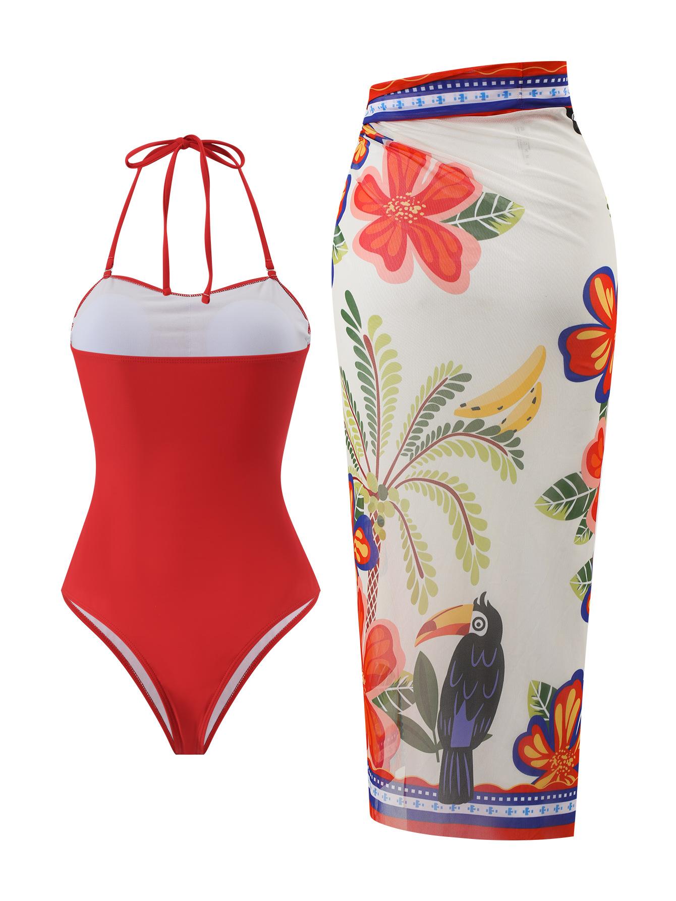 (image for) Women Halter Neck Red One Piece Swimsuit with Parrot Tropical Floral Print Maxi Sarong Skirt 2 Piece Premium Beach Vacation Swimwear Set