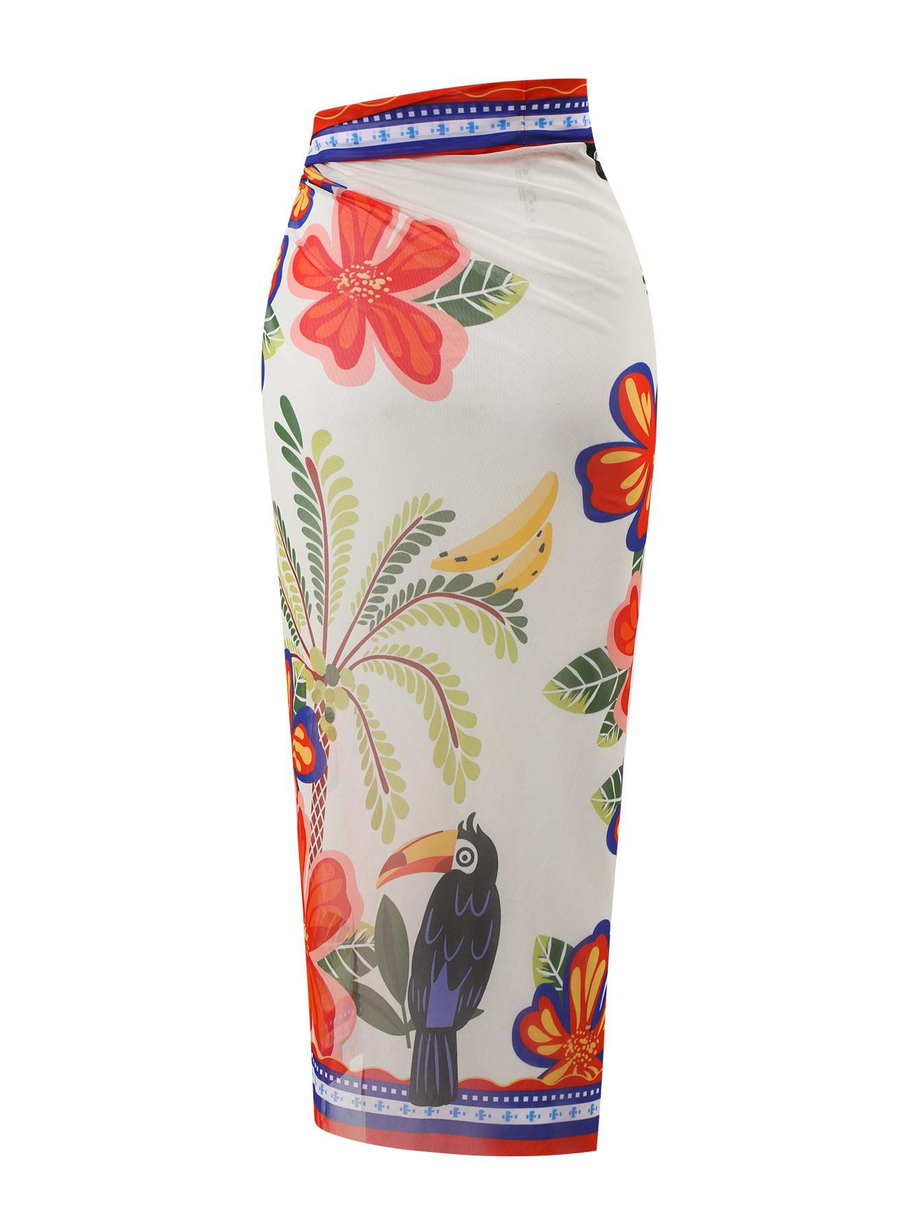 (image for) Women Halter Neck Red One Piece Swimsuit with Parrot Tropical Floral Print Maxi Sarong Skirt 2 Piece Premium Beach Vacation Swimwear Set