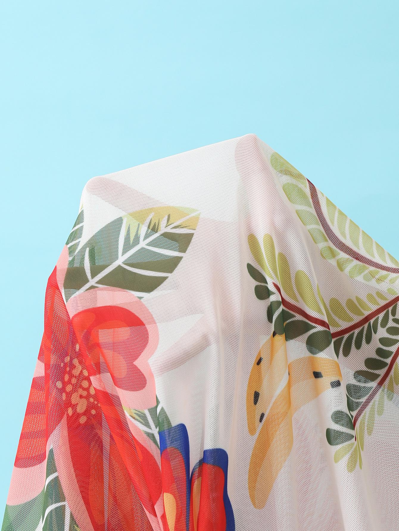 (image for) Women Halter Neck Red One Piece Swimsuit with Parrot Tropical Floral Print Maxi Sarong Skirt 2 Piece Premium Beach Vacation Swimwear Set
