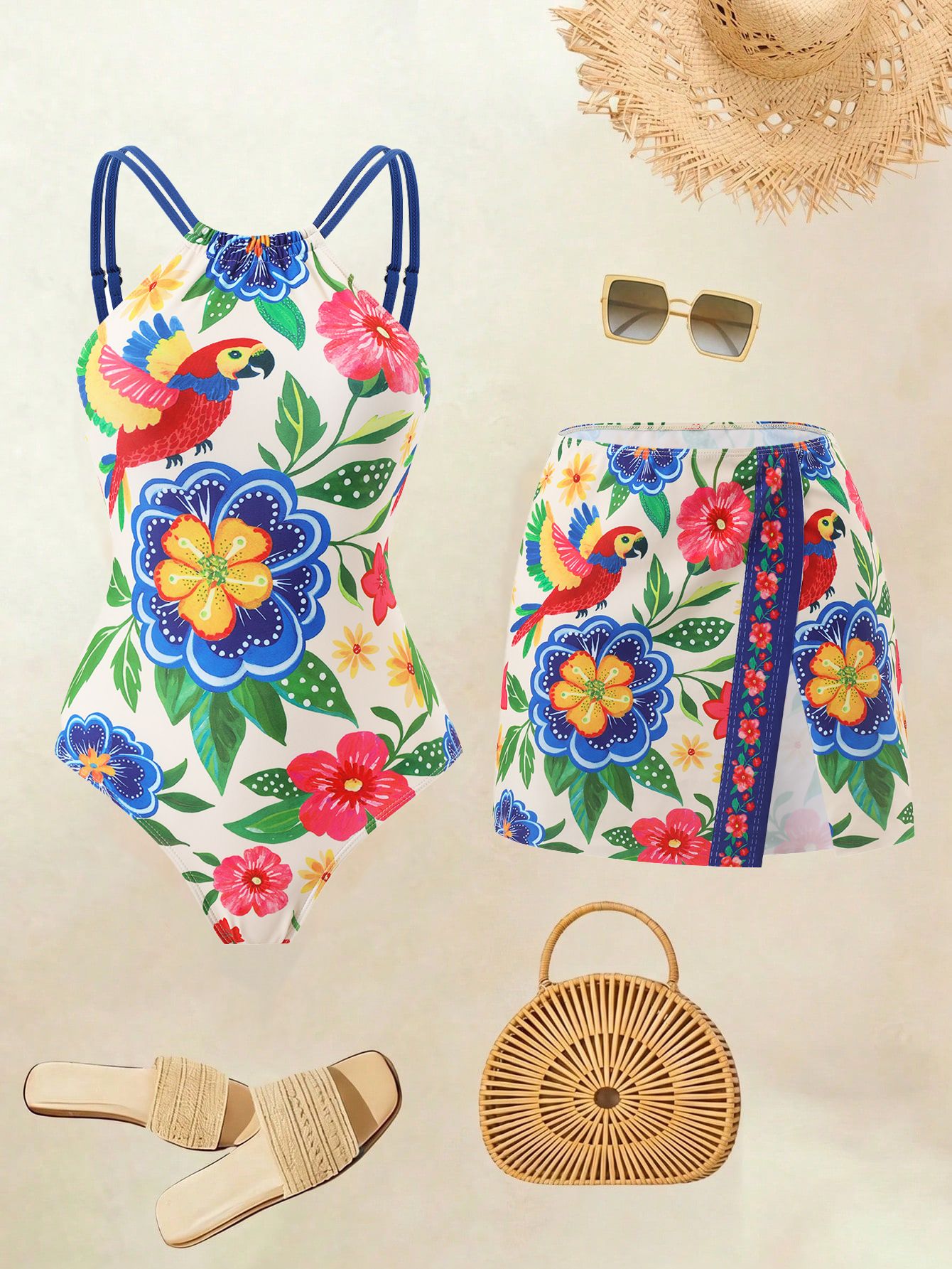 Women Boho Tropical Floral Parrot Print High Neck One Piece Swimsuit with Matching Wrap Skirt 2 Piece Bohemian Vacation Casual Beach Swimwear Set