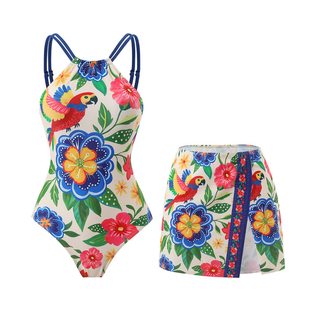 (image for) Women Boho Tropical Floral Parrot Print High Neck One Piece Swimsuit with Matching Wrap Skirt 2 Piece Bohemian Vacation Casual Beach Swimwear Set