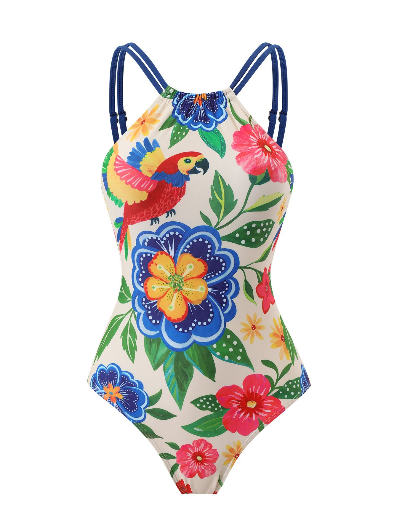 (image for) Women Boho Tropical Floral Parrot Print High Neck One Piece Swimsuit with Matching Wrap Skirt 2 Piece Bohemian Vacation Casual Beach Swimwear Set