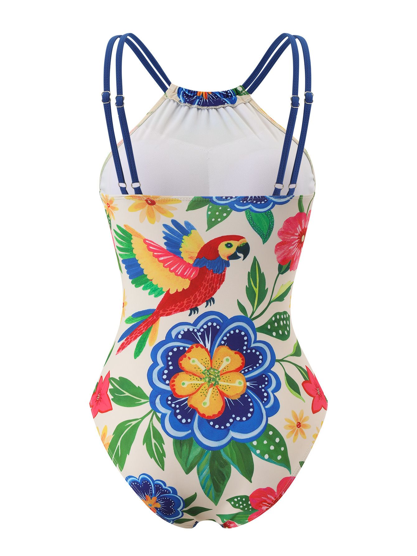 (image for) Women Boho Tropical Floral Parrot Print High Neck One Piece Swimsuit with Matching Wrap Skirt 2 Piece Bohemian Vacation Casual Beach Swimwear Set