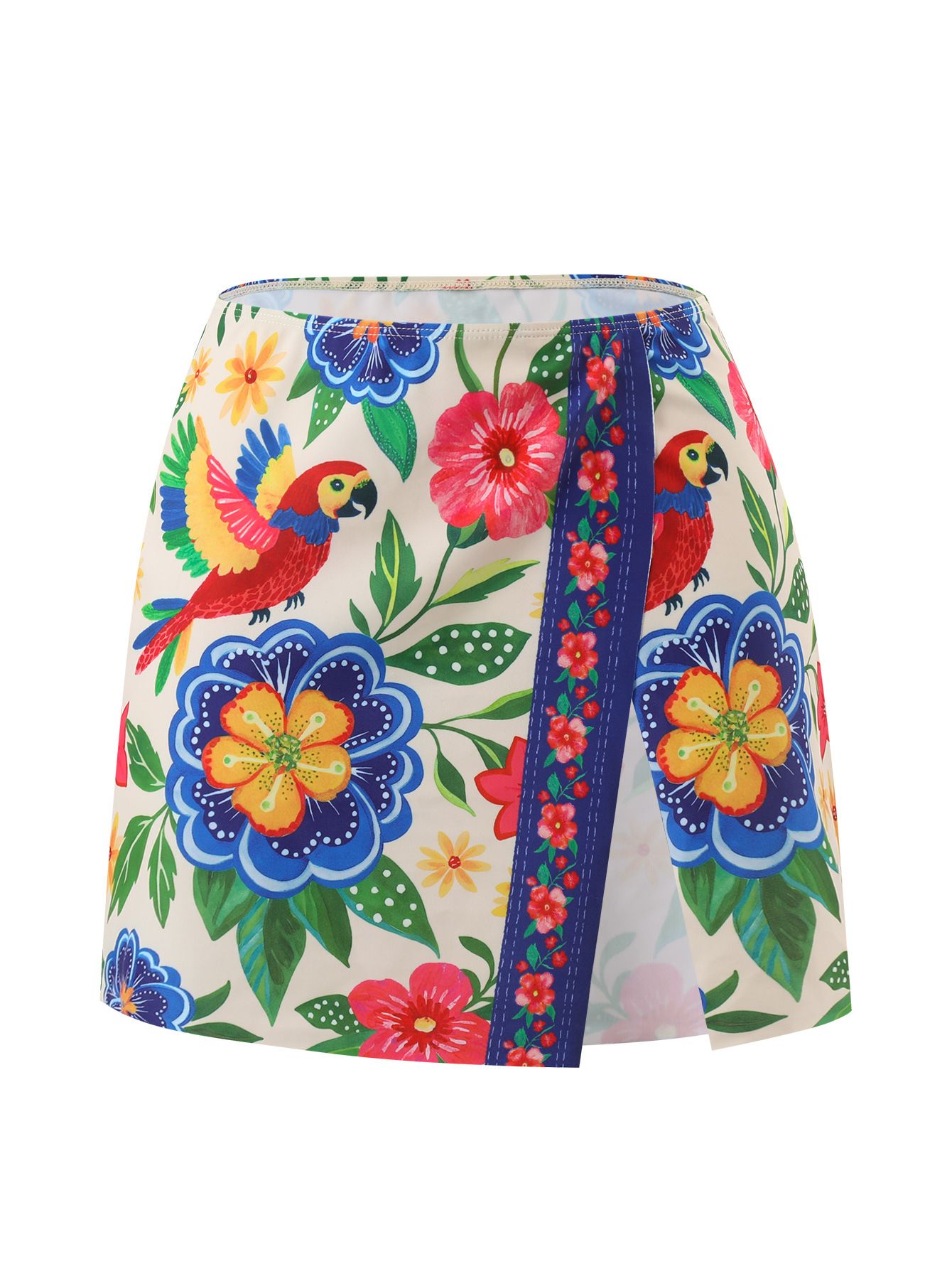 (image for) Women Boho Tropical Floral Parrot Print High Neck One Piece Swimsuit with Matching Wrap Skirt 2 Piece Bohemian Vacation Casual Beach Swimwear Set