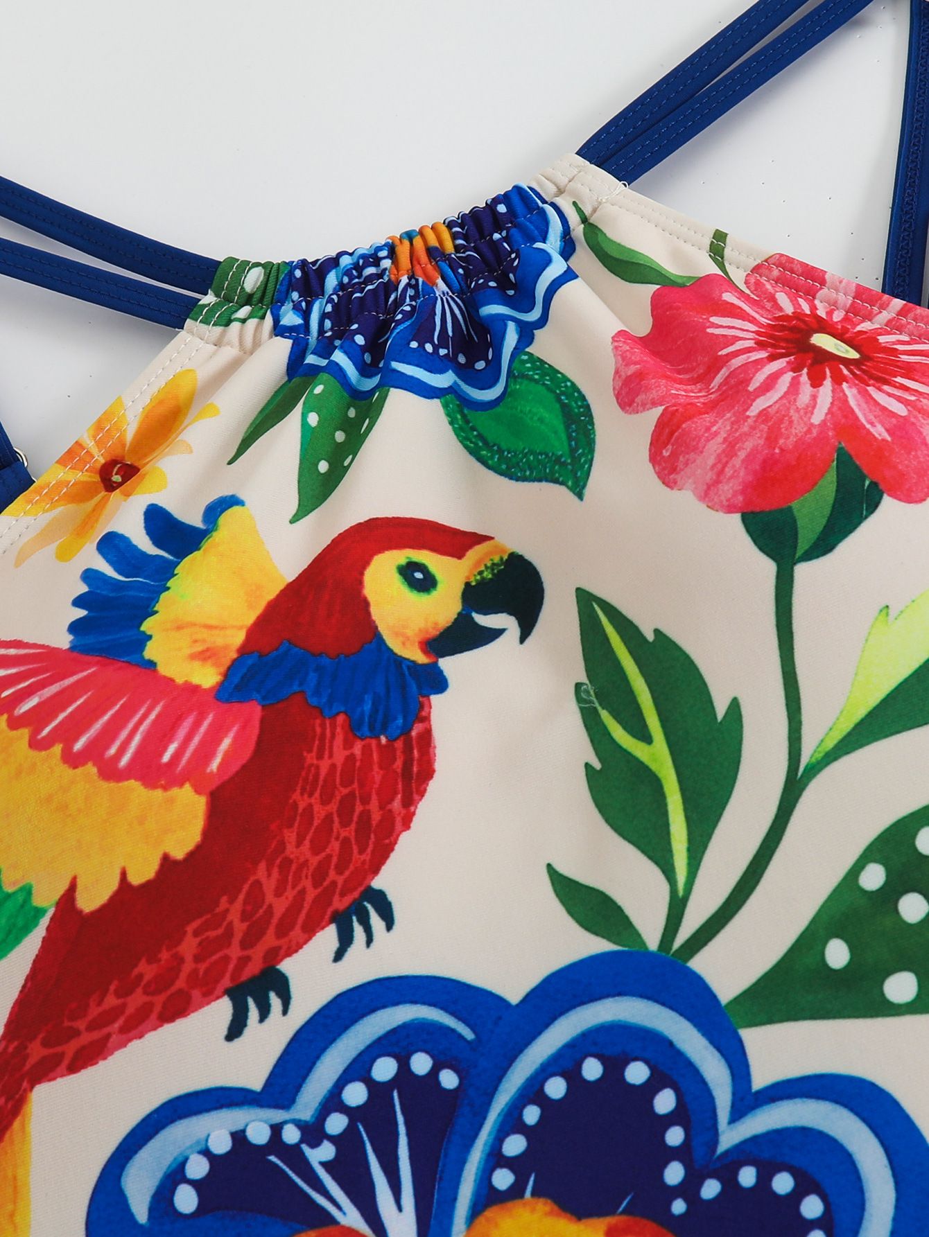 (image for) Women Boho Tropical Floral Parrot Print High Neck One Piece Swimsuit with Matching Wrap Skirt 2 Piece Bohemian Vacation Casual Beach Swimwear Set