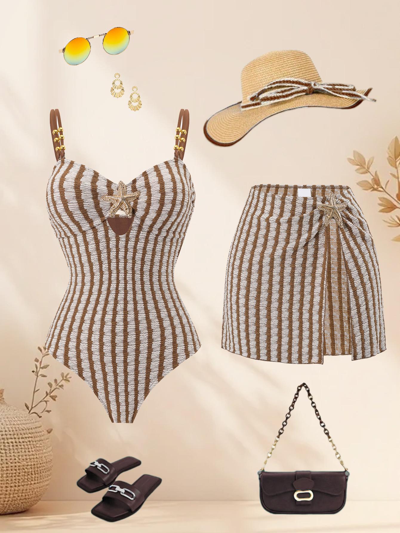 (image for) Women Brown Stripe Textured One Piece Swimsuit with Wrap Mini Skirt 2 Piece Boho Bohemian Starfish Detail Beach Swimwear Set